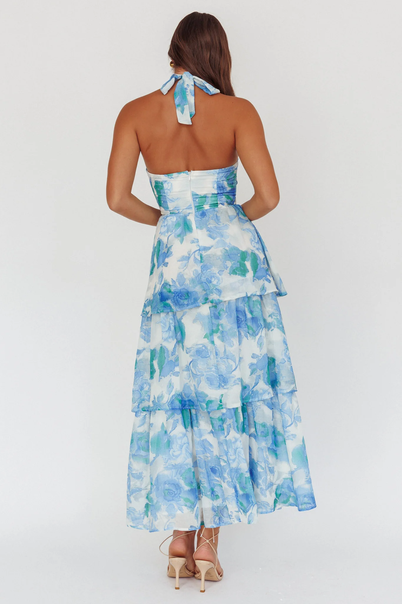 Seascape Halterneck Layered Maxi Dress Floral Blue - Image 3