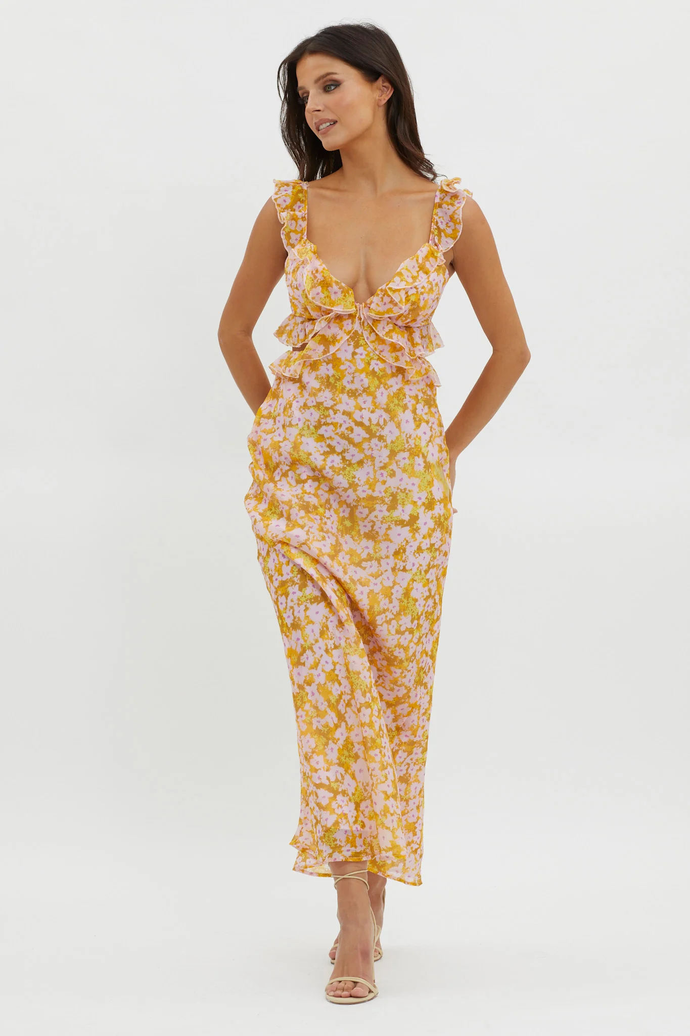 Second Chances Ruffle Trim Maxi Dress Flowers Yellow - Image 4