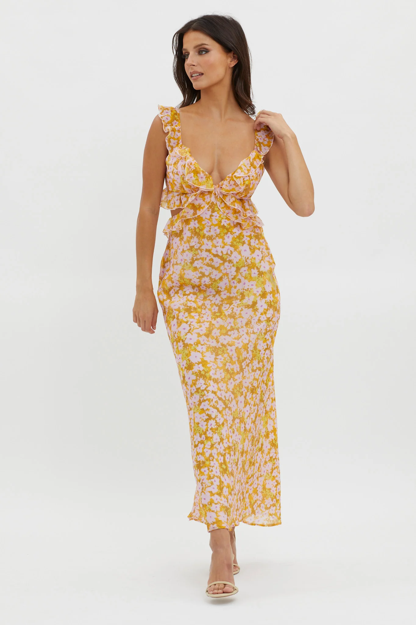 Second Chances Ruffle Trim Maxi Dress Flowers Yellow - Image 5