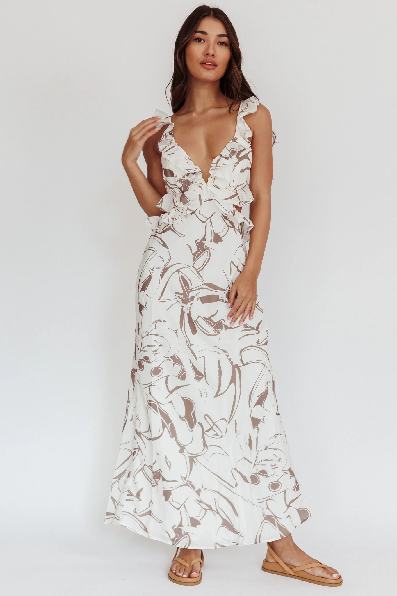 Second Chances Ruffle Trim Maxi Dress Mocha - Image 4
