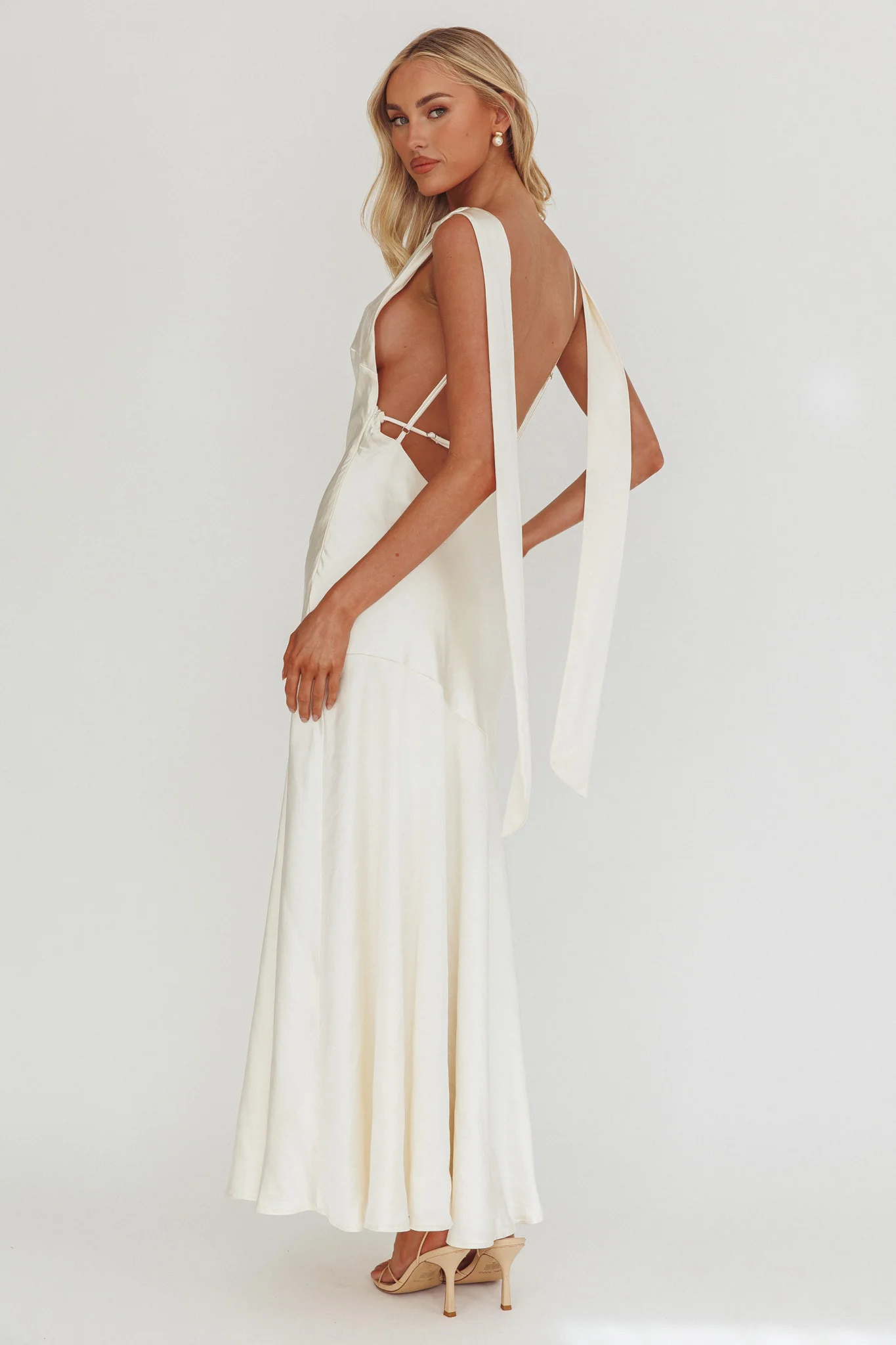 Second Glances Cowl Neck Backless Maxi Dress Cream - Image 2
