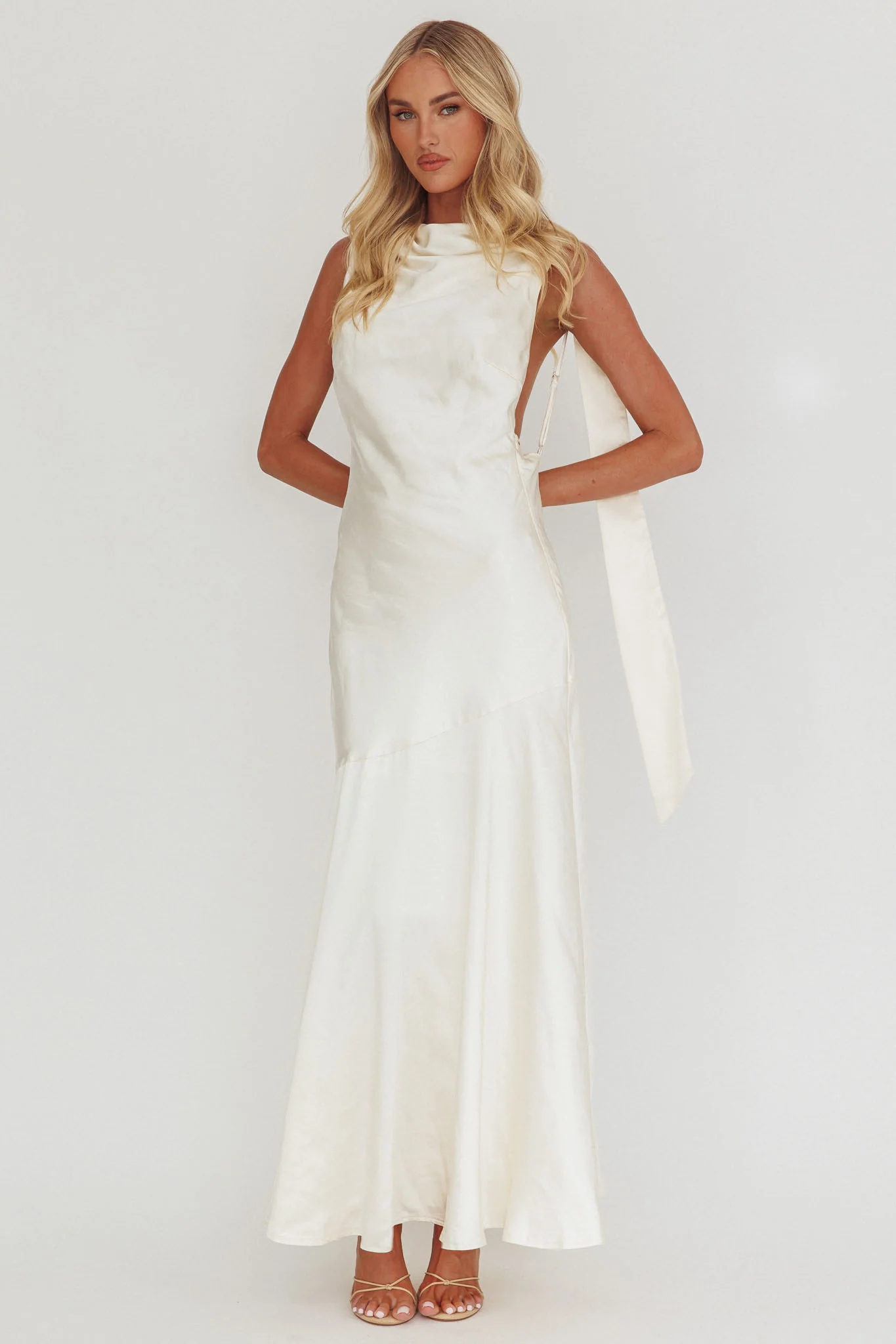 Second Glances Cowl Neck Backless Maxi Dress Cream - Image 4