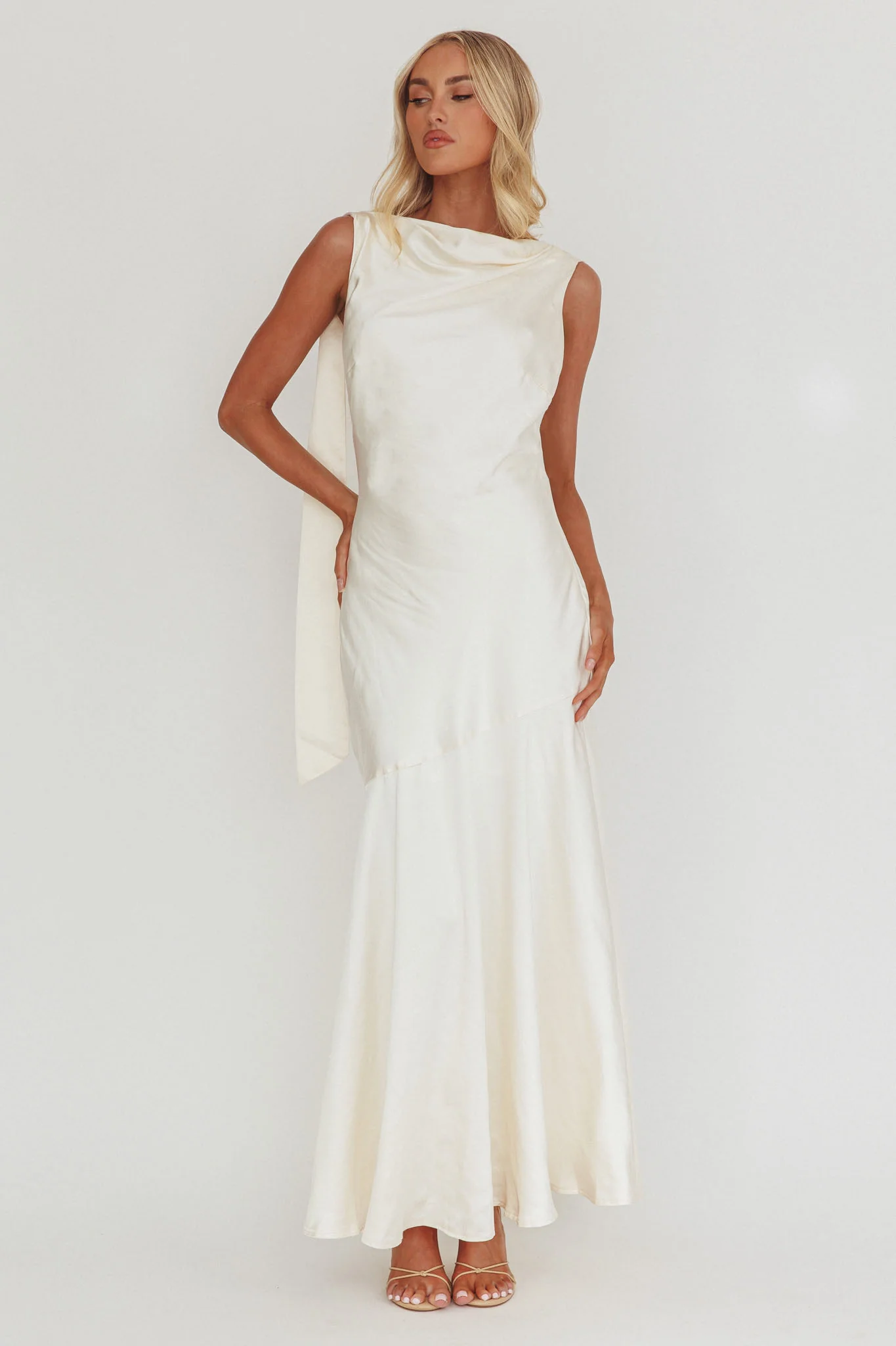 Second Glances Cowl Neck Backless Maxi Dress Cream - Image 5