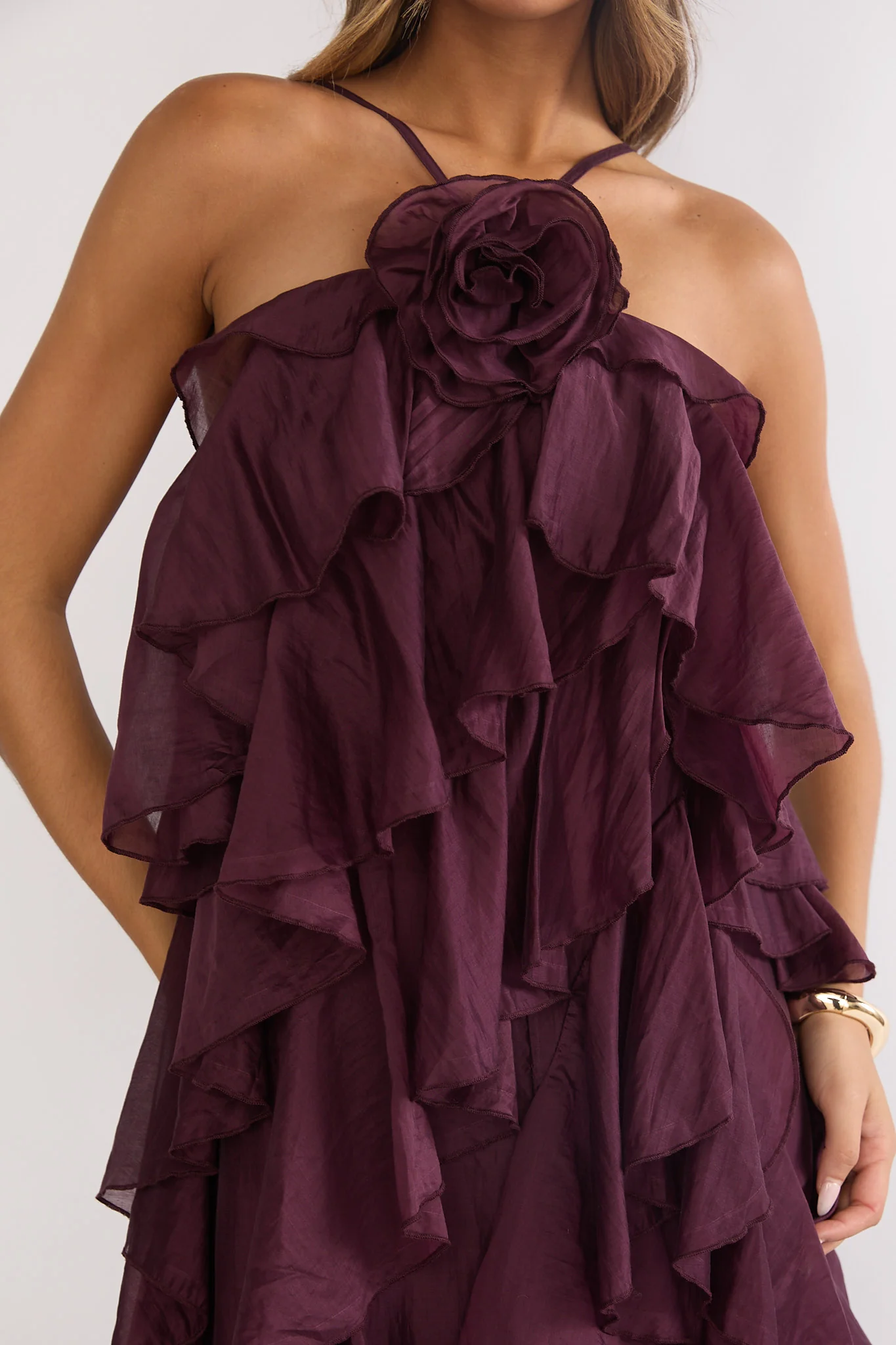 Secret Rendezvous Layered Ruffle Maxi Dress Maroon - Image 3