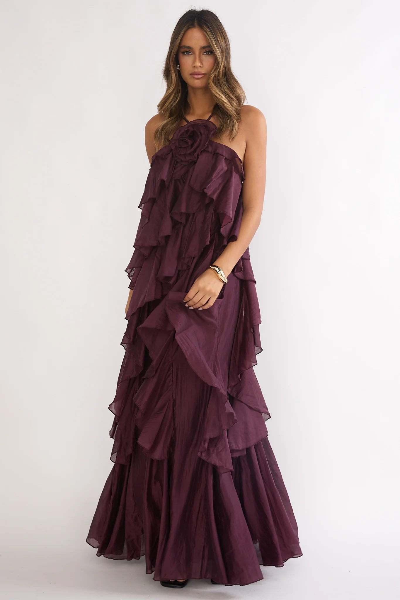 Secret Rendezvous Layered Ruffle Maxi Dress Maroon - Image 4