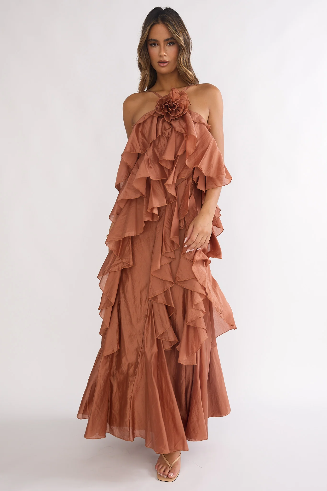 Secret Rendezvous Layered Ruffle Maxi Dress Rust - Image 5