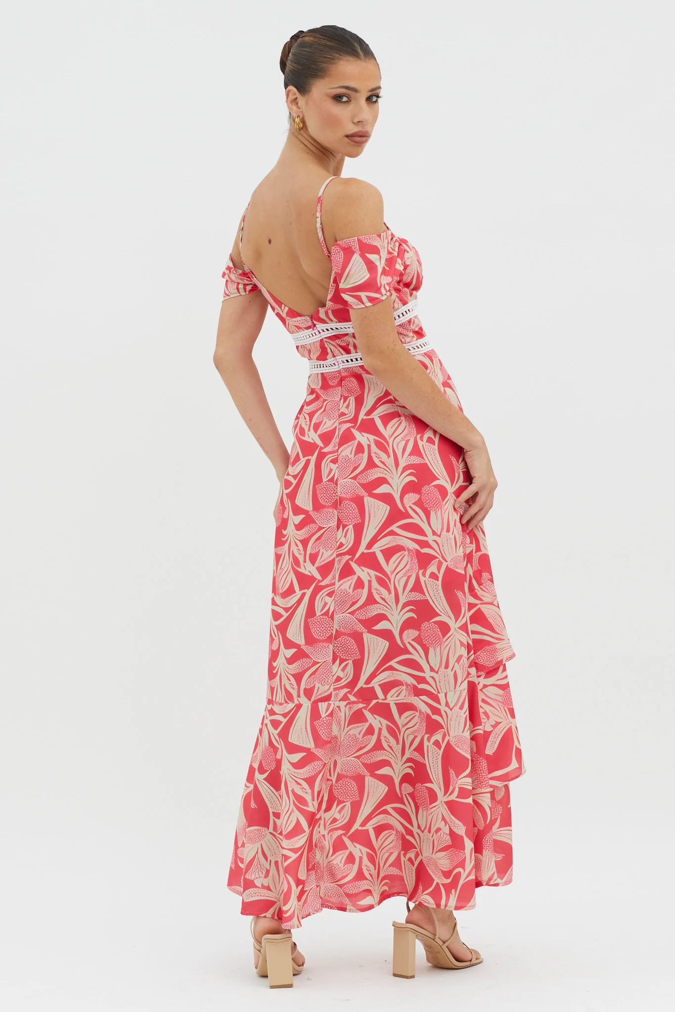 Seina Off-Shoulder Crochet Trim Dress Print Red - Image 2