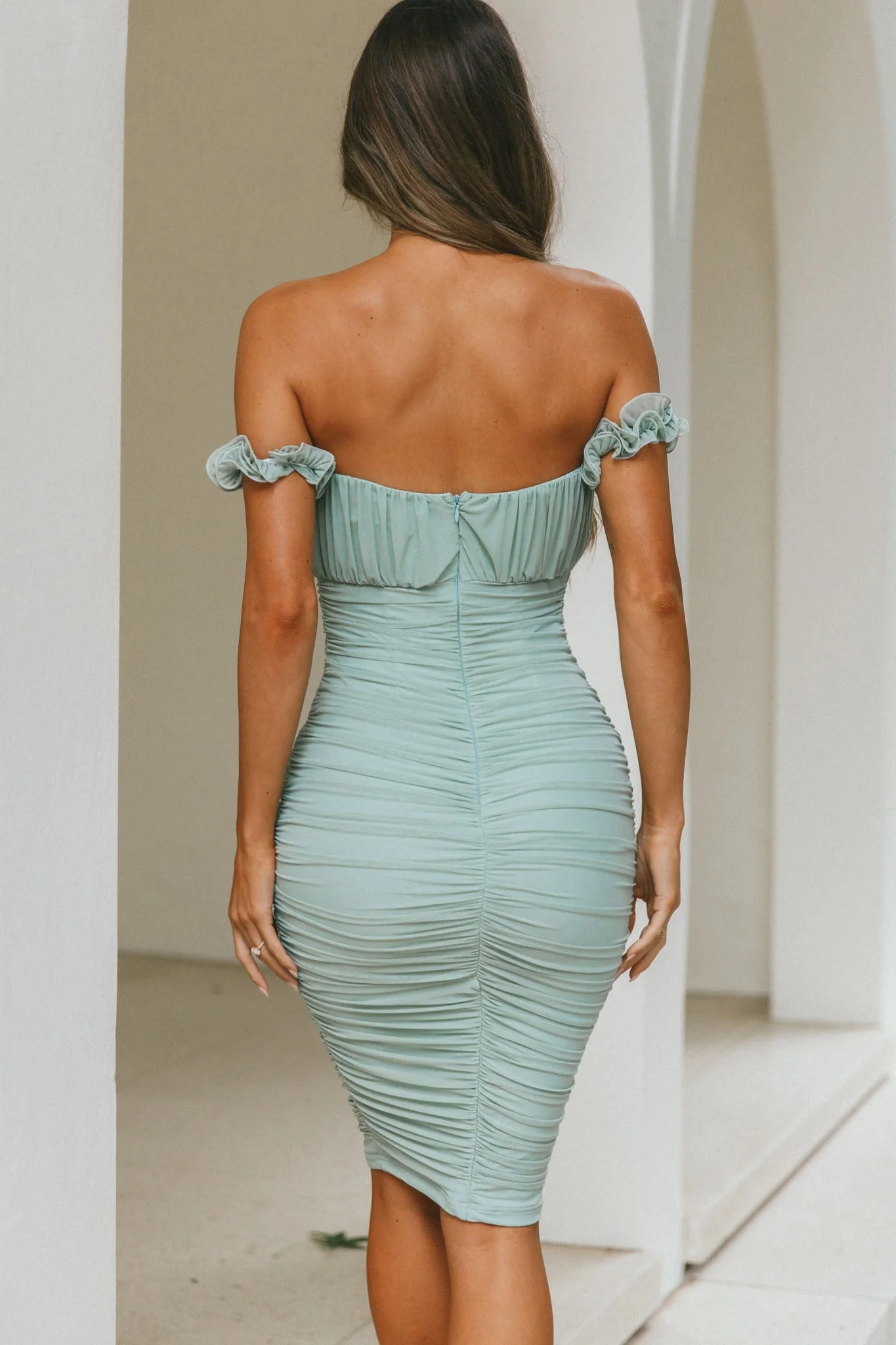 Senorita Off-Shoulder Lettuce Edge Detail Ruched Knee Length Dress Pistachio - Image 2