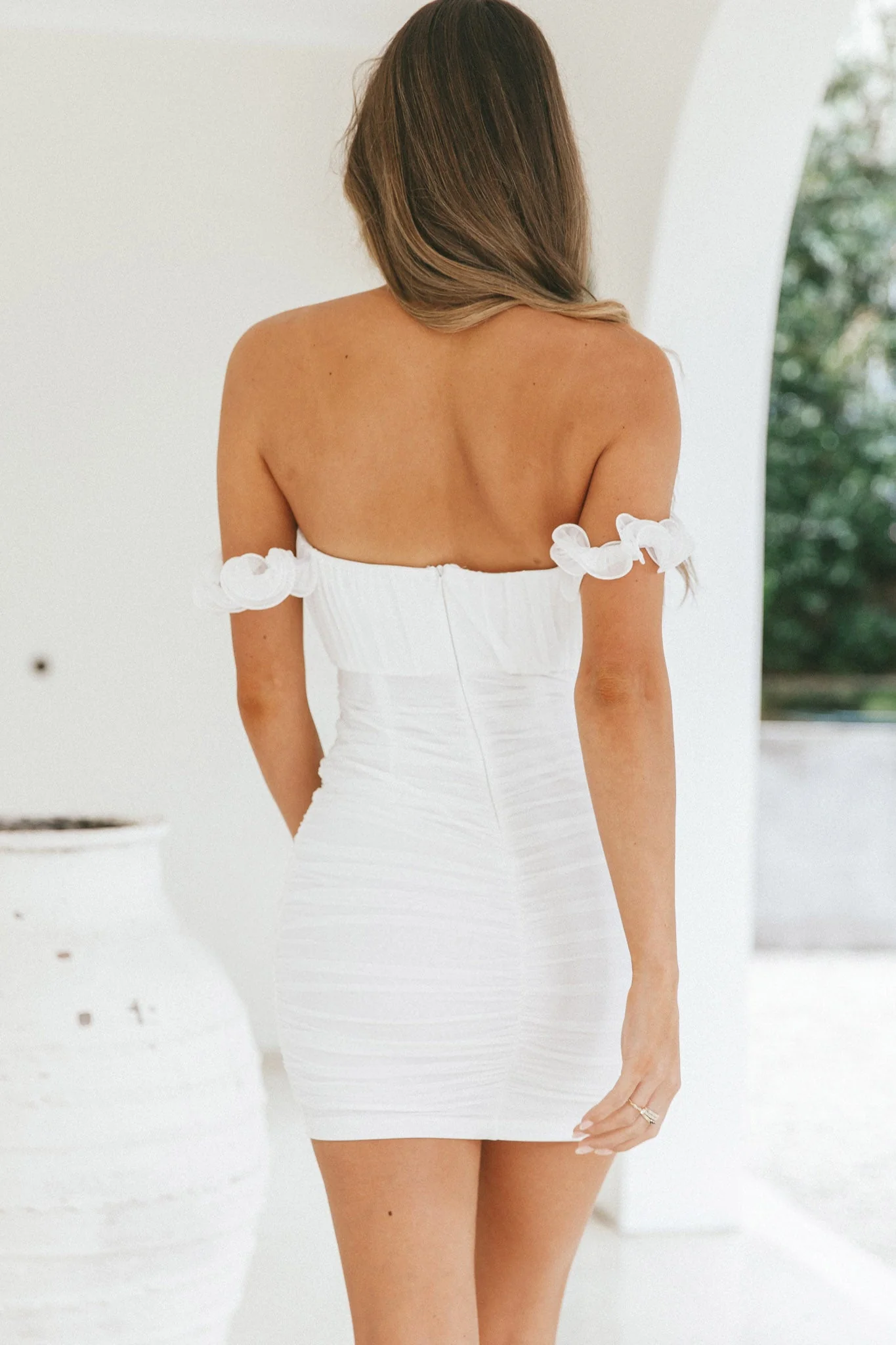 Senorita Off-Shoulder Lettuce Edge Detail Ruched Mini Dress White - Image 7