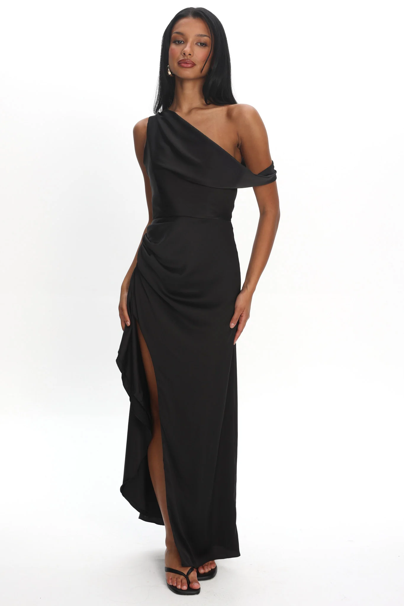 Sensations Off Shoulder Satin Maxi Dress Black - Image 2