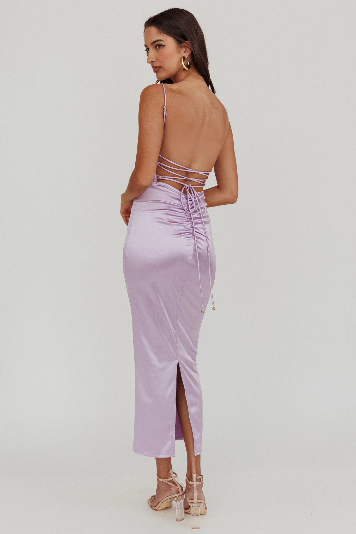 Seraya Lace-Up Back Satin Maxi Dress Lilac - Image 3
