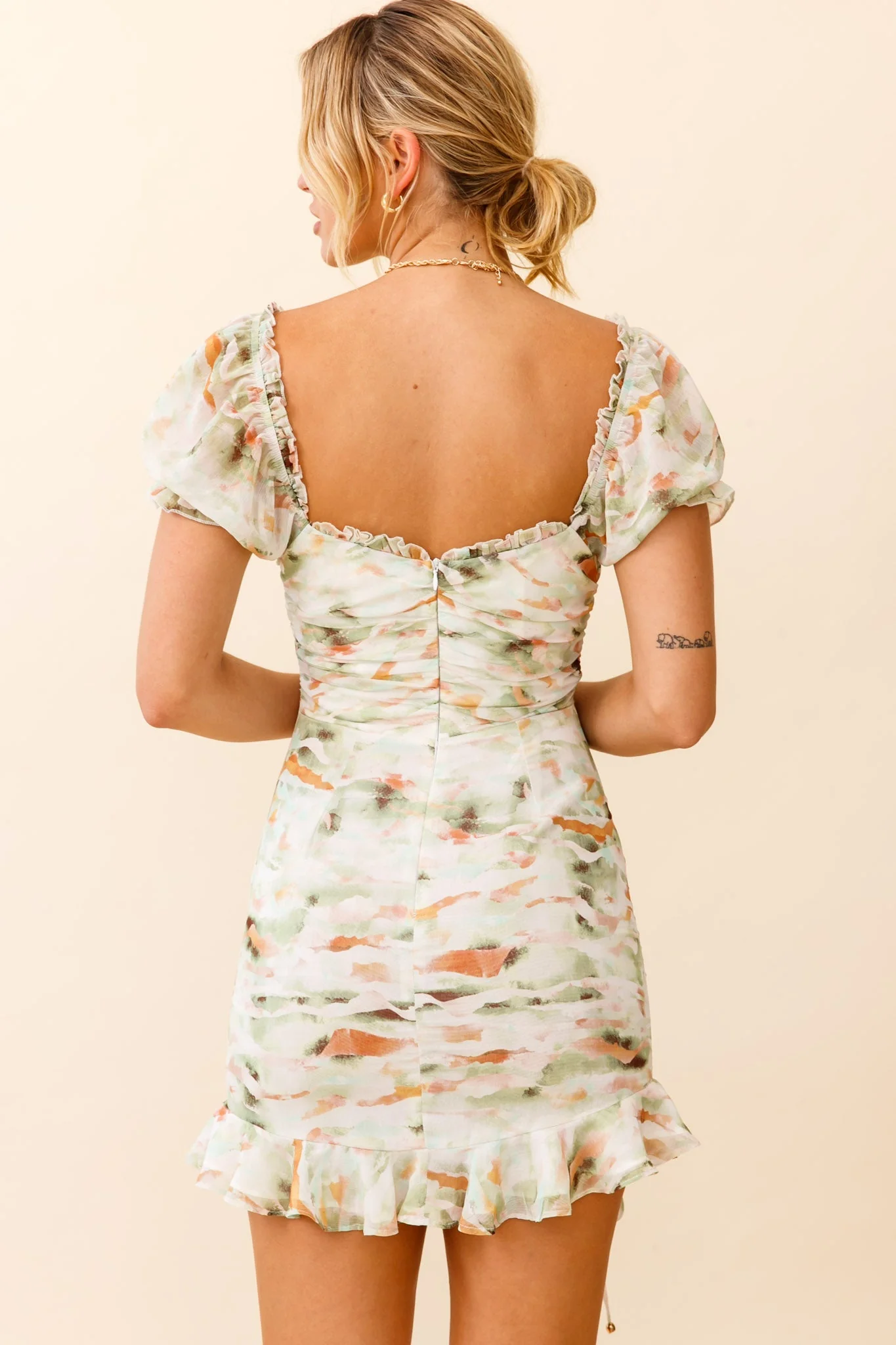 Serena Puff Sleeve Ruched Detail Dress Watercolor Print Green - Image 6