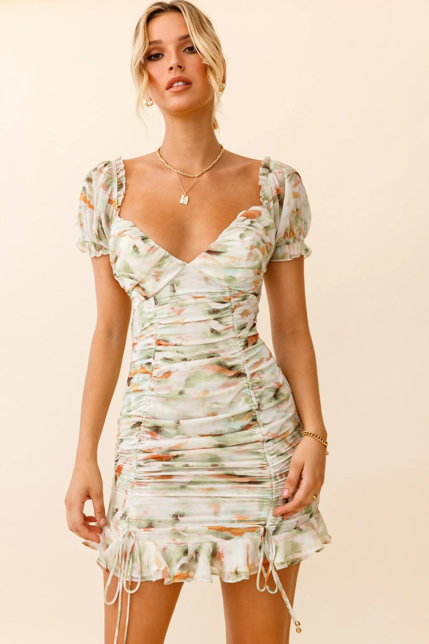 Serena Puff Sleeve Ruched Detail Dress Watercolor Print Green - Image 7