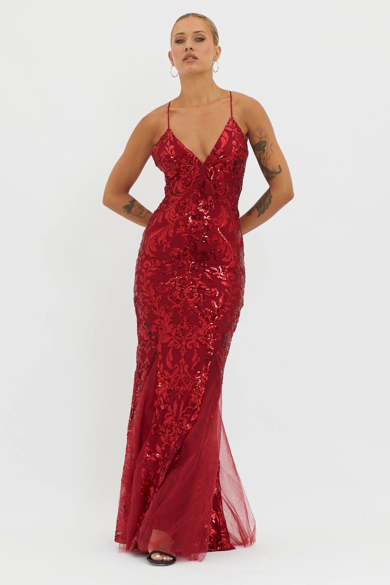 Serenade Song Godet Hem Sequin Maxi Dress Red - Image 4