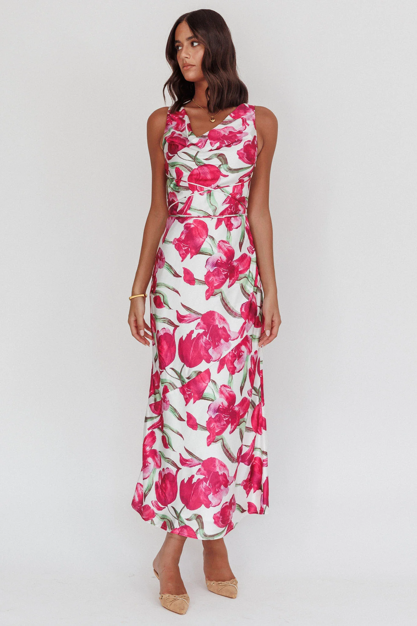 Serenitie Cowl Neck Waist Tie Maxi Dress Floral Pink - Image 4