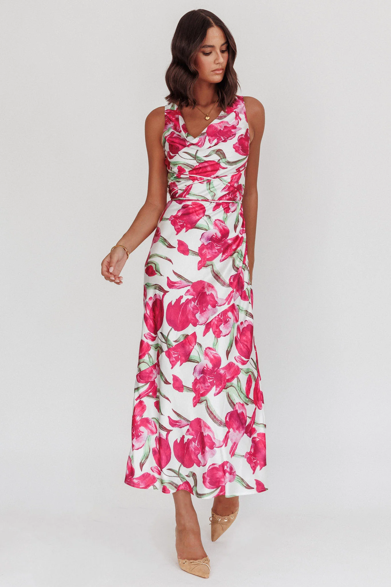 Serenitie Cowl Neck Waist Tie Maxi Dress Floral Pink - Image 6
