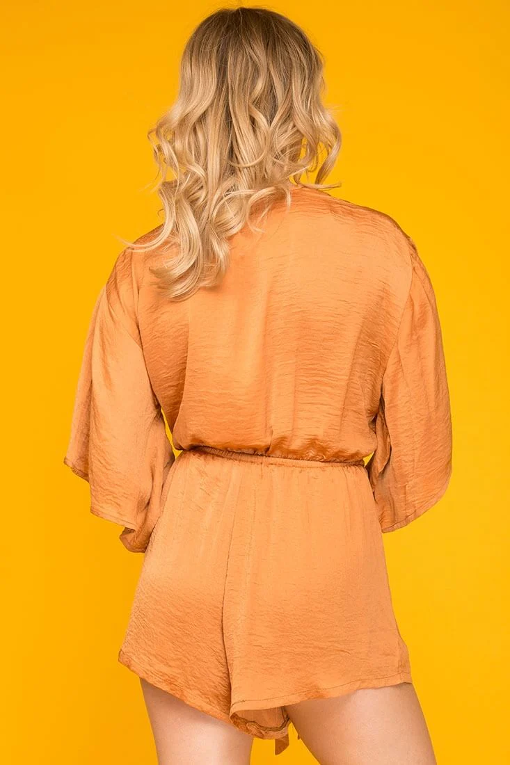 Serenity Wrap Around Bell Sleeve Romper Tan - Image 4