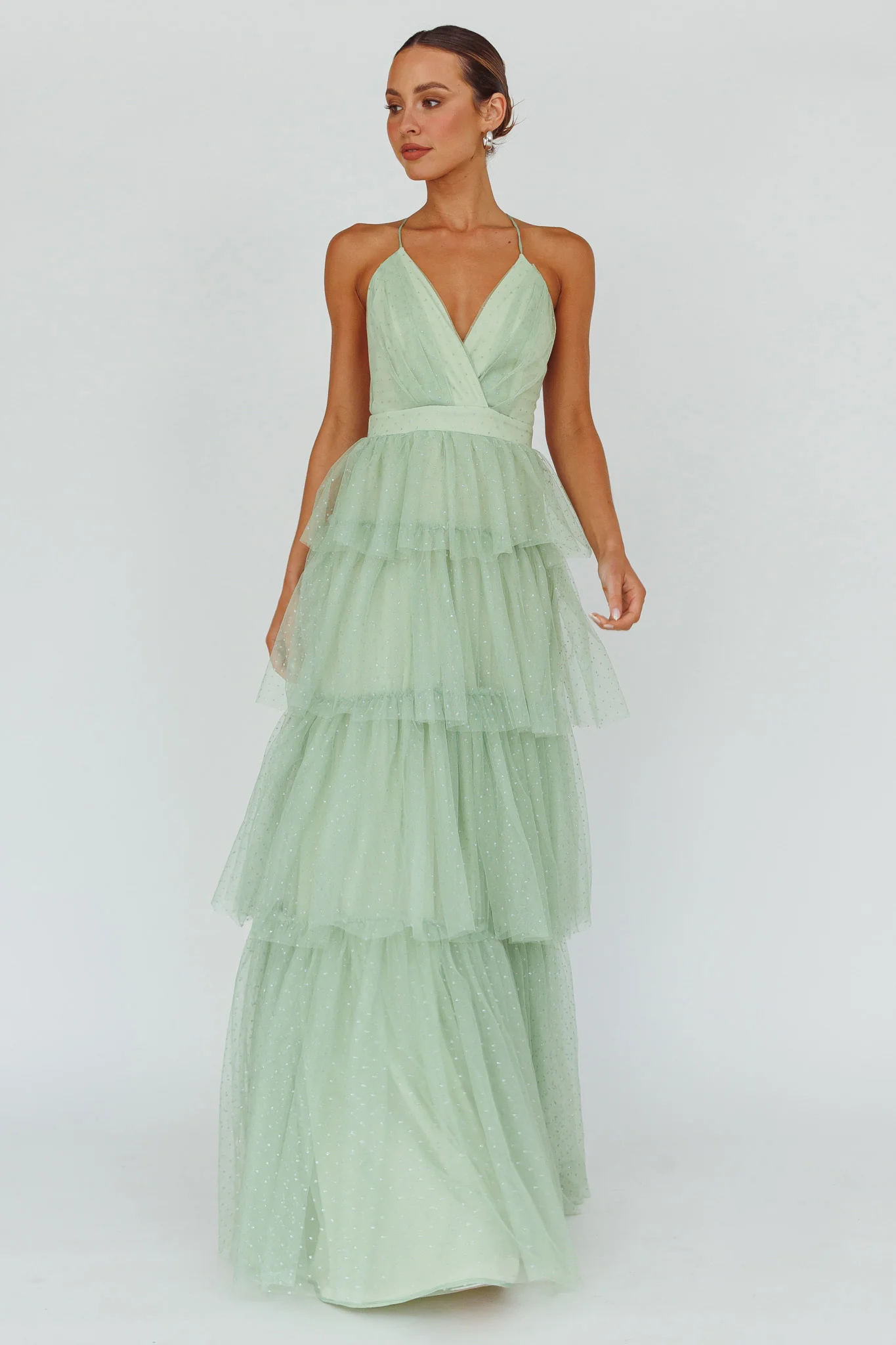 Seylah Tiered Frill Maxi Dress Glitter Sage - Image 3