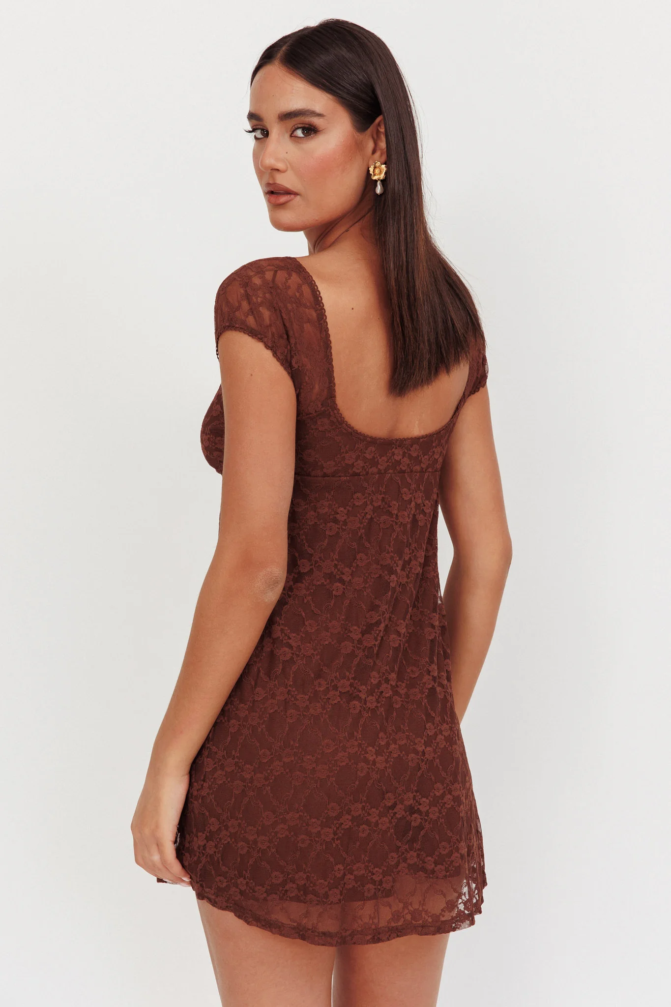 Shadows Lace Overlay Mini Dress Brown - Image 3