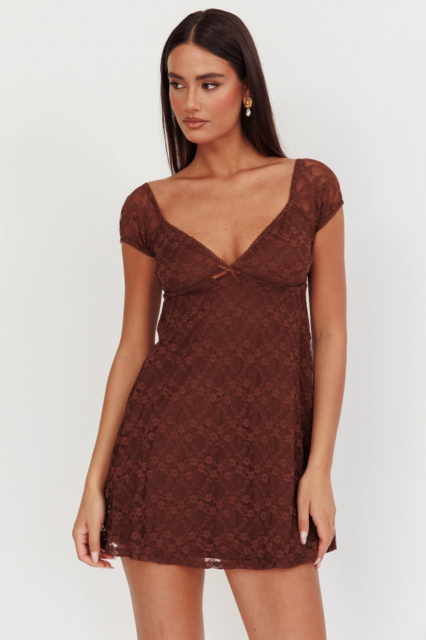 Shadows Lace Overlay Mini Dress Brown - Image 5