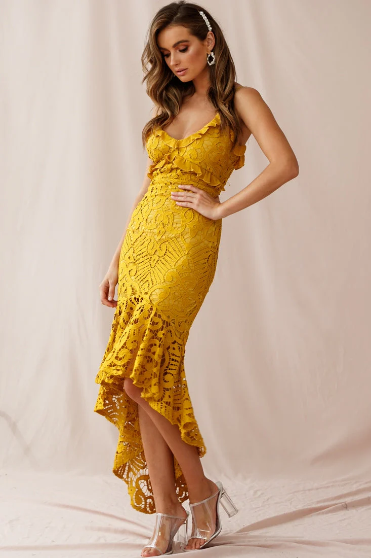 Shakeera High-Low Hem Lace Dress Mustard - Image 2