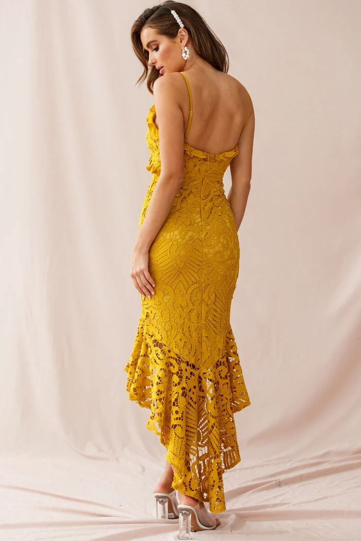 Shakeera High-Low Hem Lace Dress Mustard - Image 3
