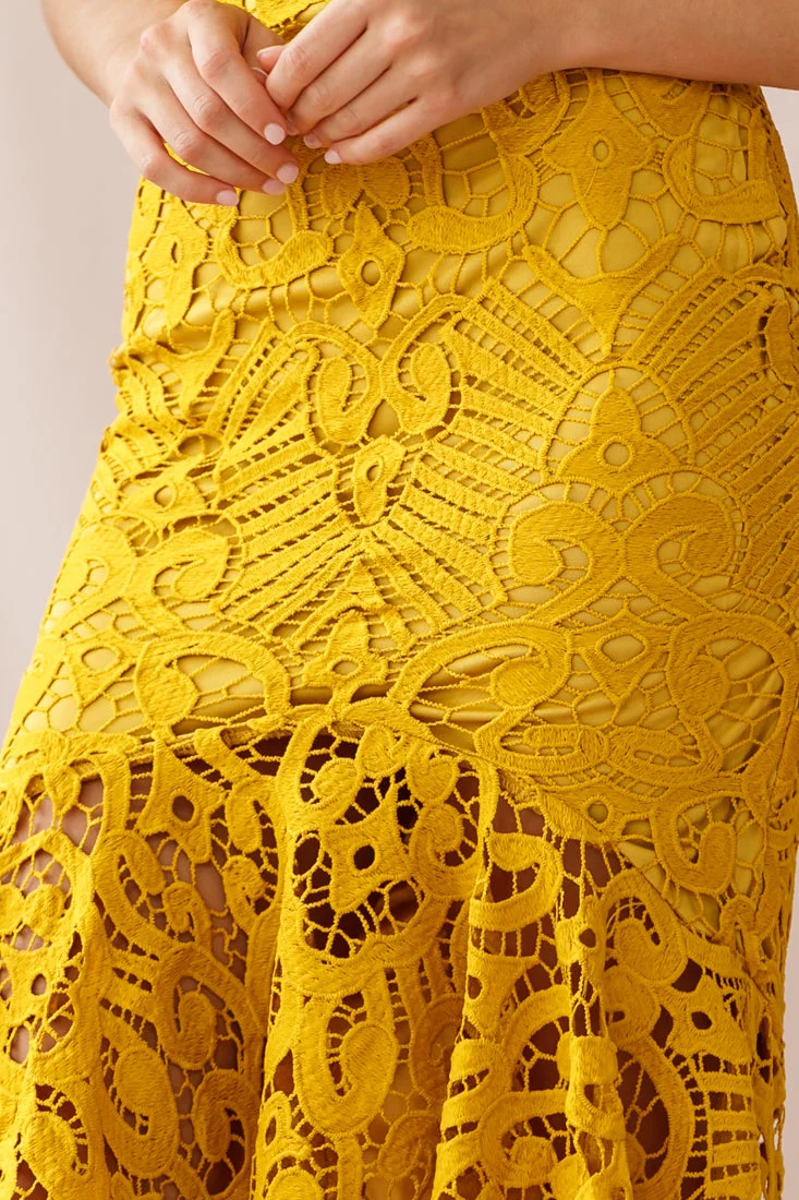 Shakeera High-Low Hem Lace Dress Mustard - Image 4