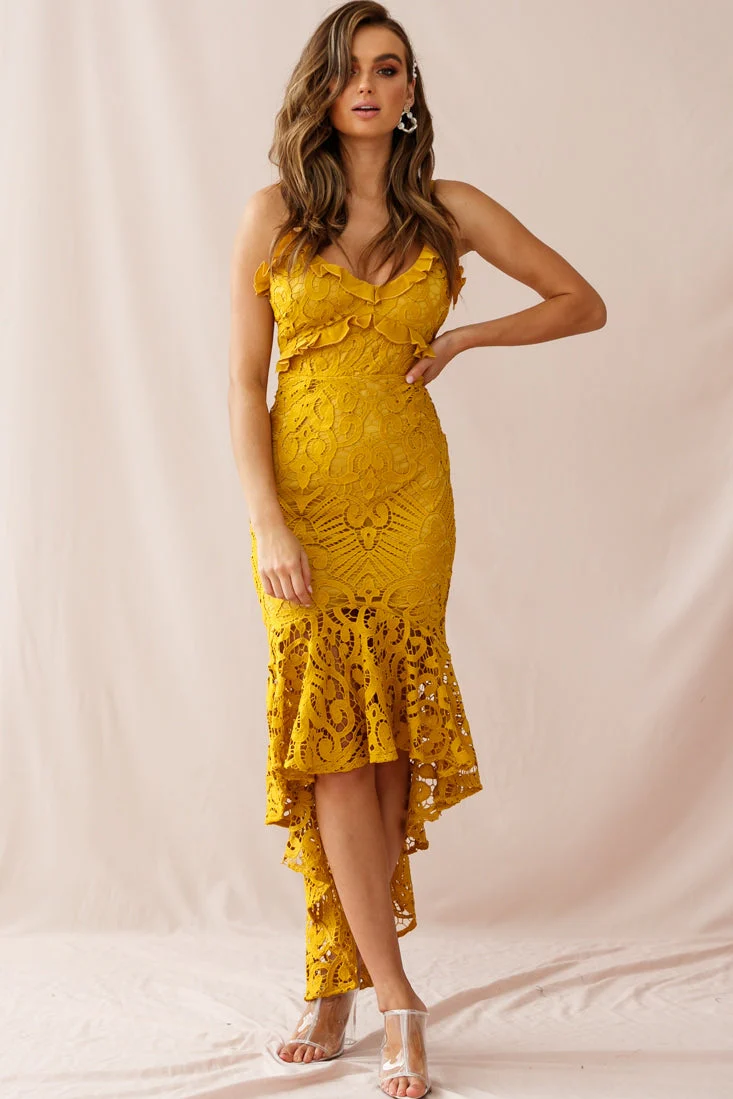 Shakeera High-Low Hem Lace Dress Mustard - Image 5