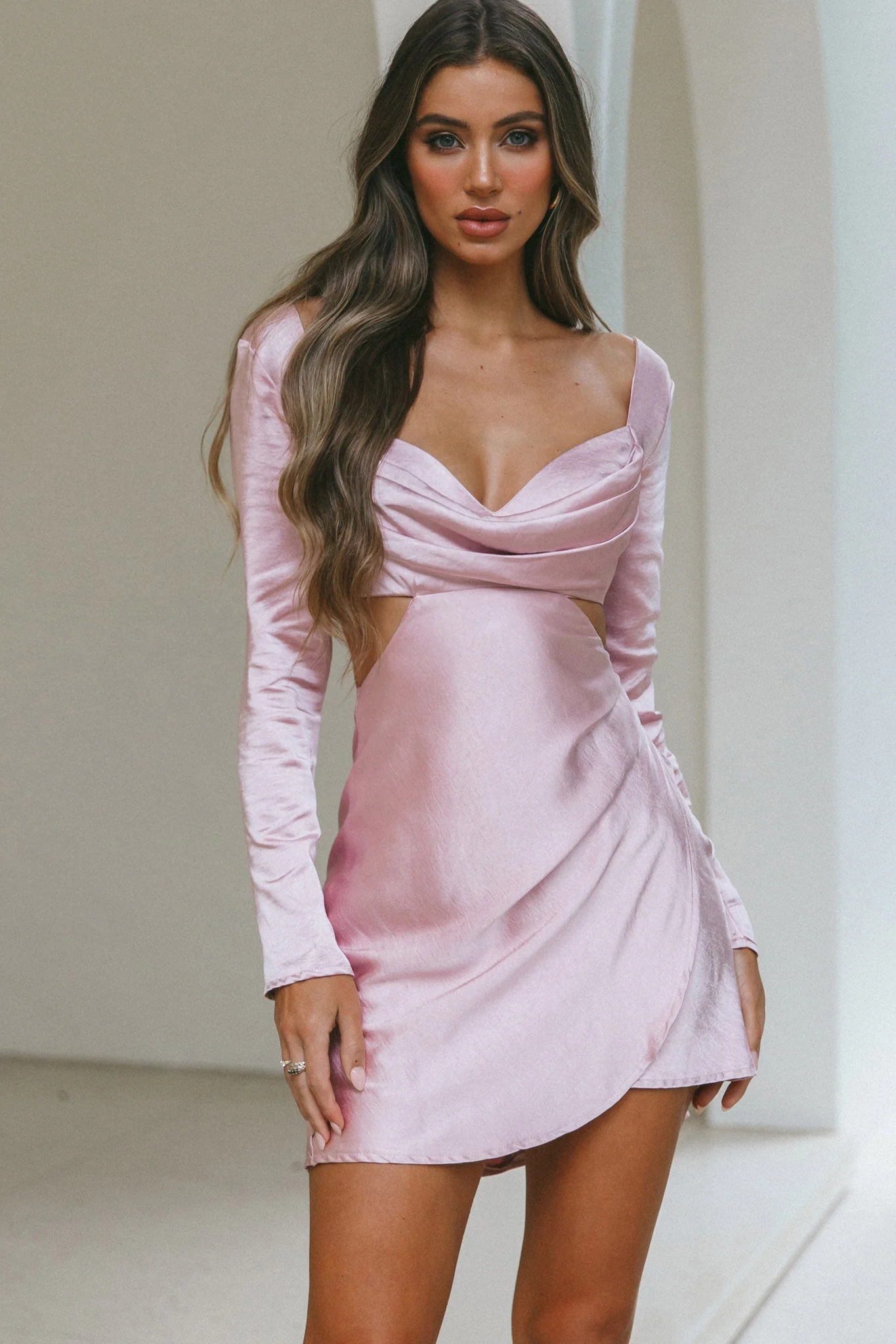 Shaken Not Stirred Cut-Out Waist Long Sleeve Pleat Mini Dress Blush - Image 4