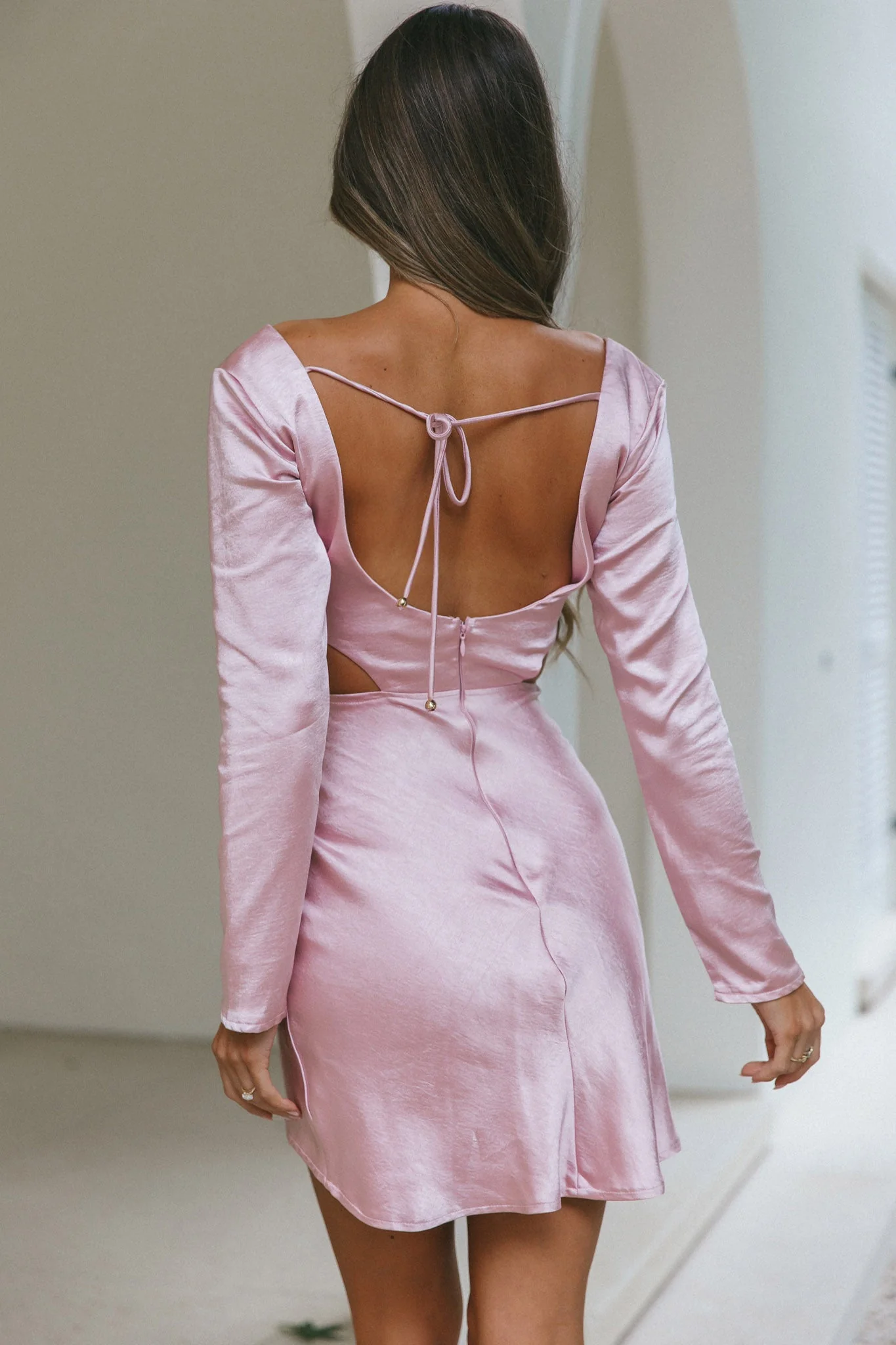 Shaken Not Stirred Cut-Out Waist Long Sleeve Pleat Mini Dress Blush - Image 8