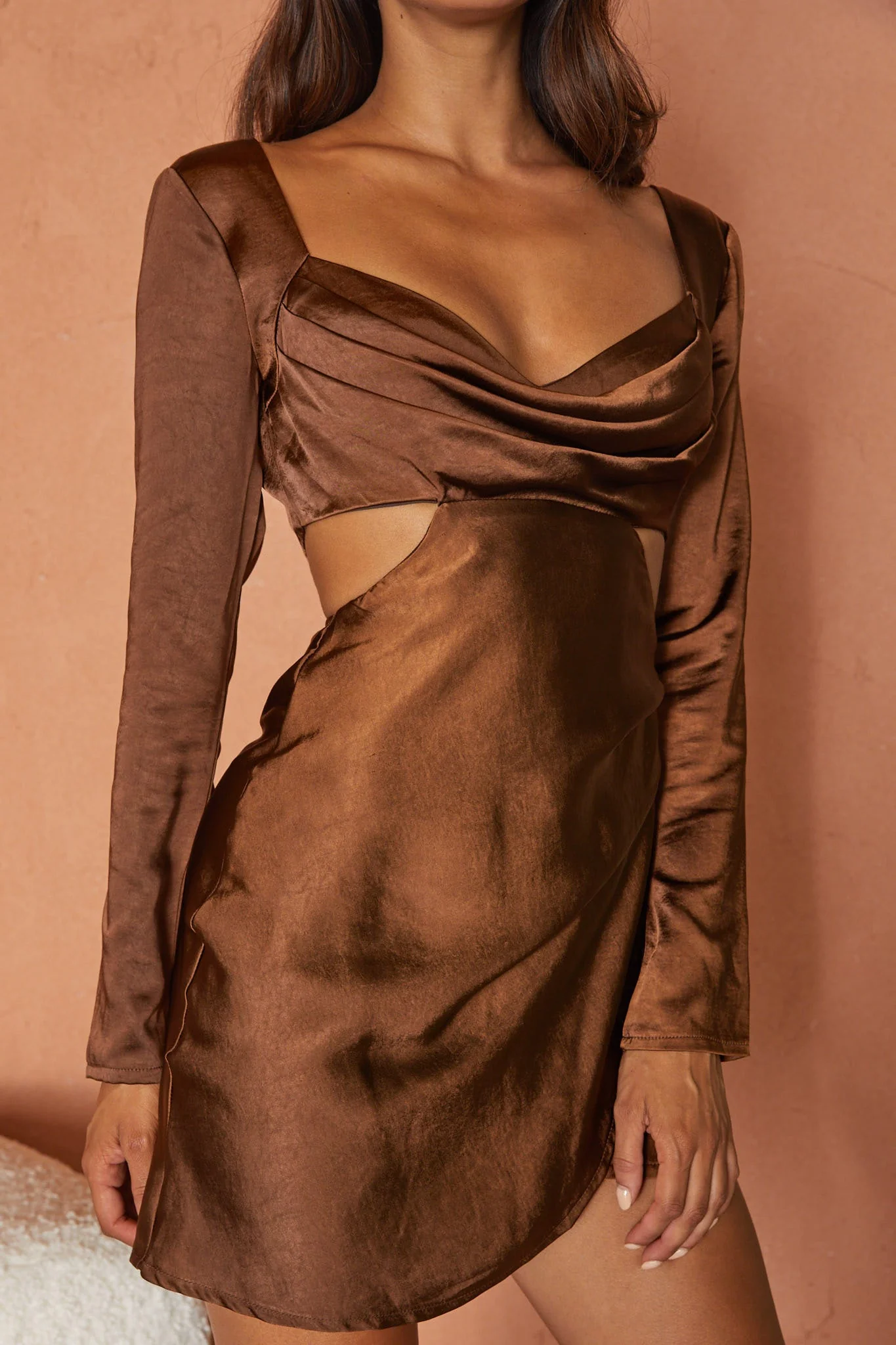 Shaken Not Stirred Cut-Out Waist Long Sleeve Pleat Mini Dress Chocolate - Image 4
