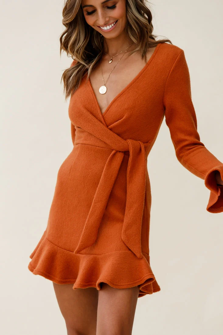 Shalini Flared Cuff Surplice Neckline Knit Dress Rust - Image 7