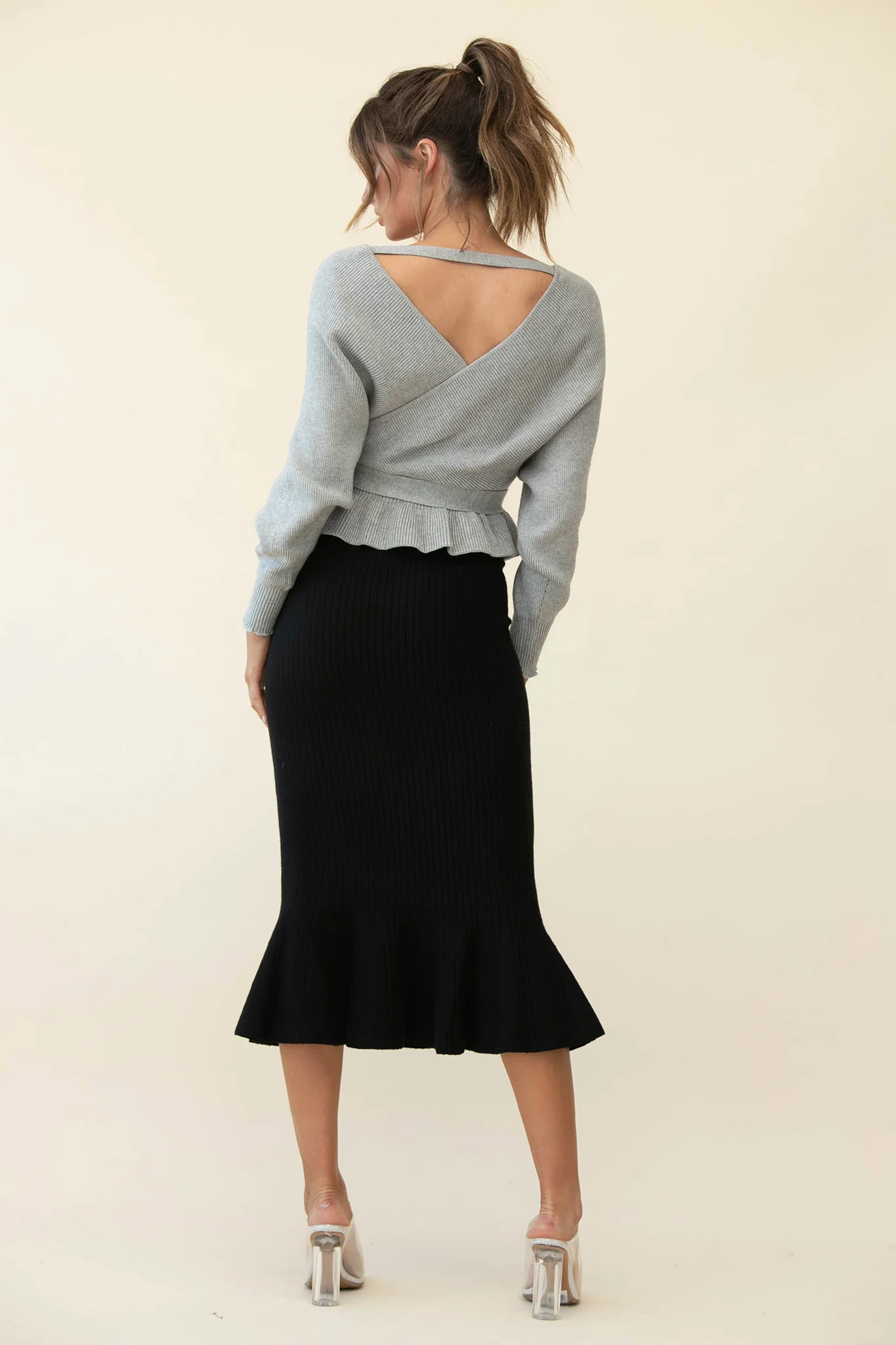 Shalon Ribbed Knit Fluted Hem Midi Skirt Antique Black - Image 2