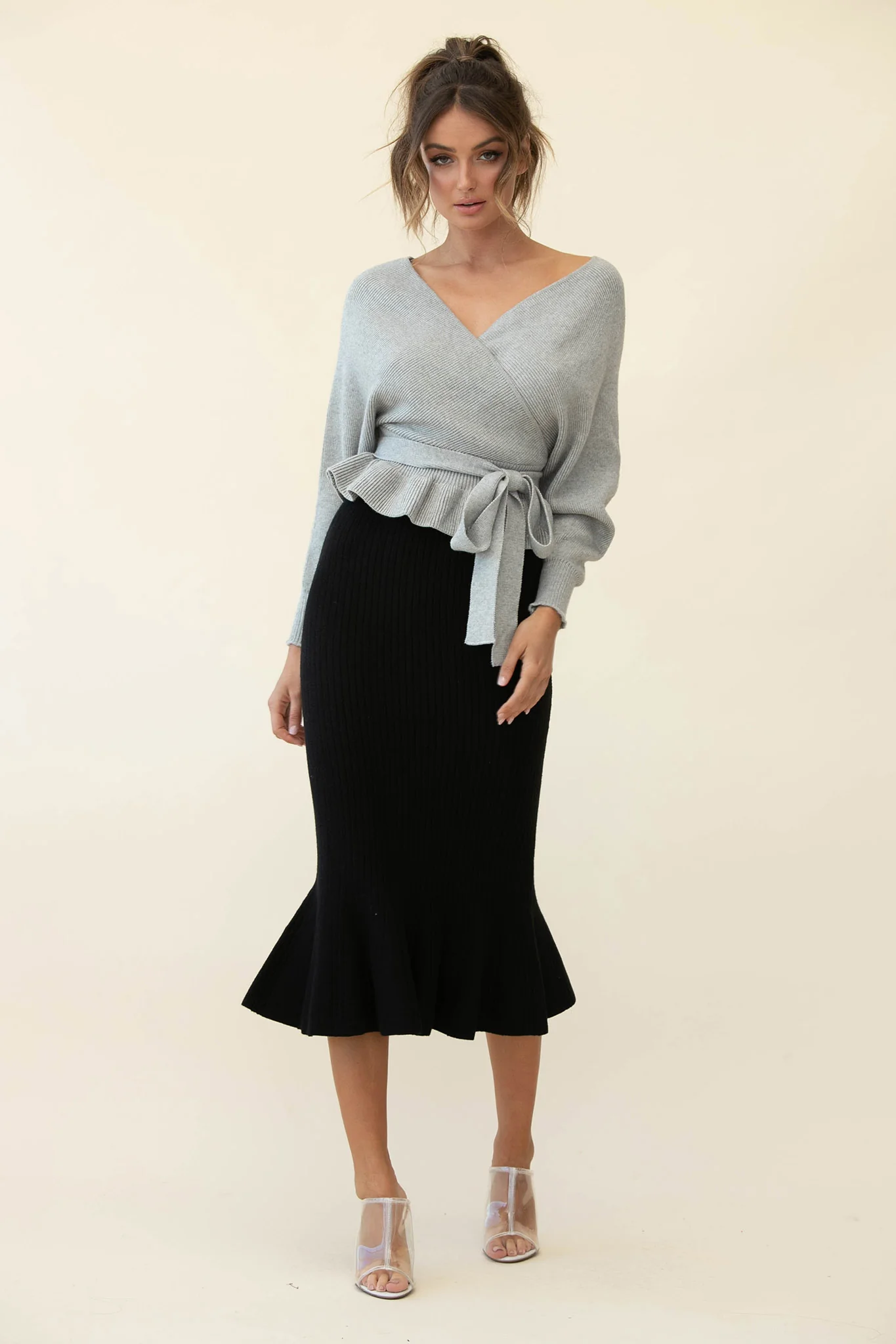 Shalon Ribbed Knit Fluted Hem Midi Skirt Antique Black - Image 5