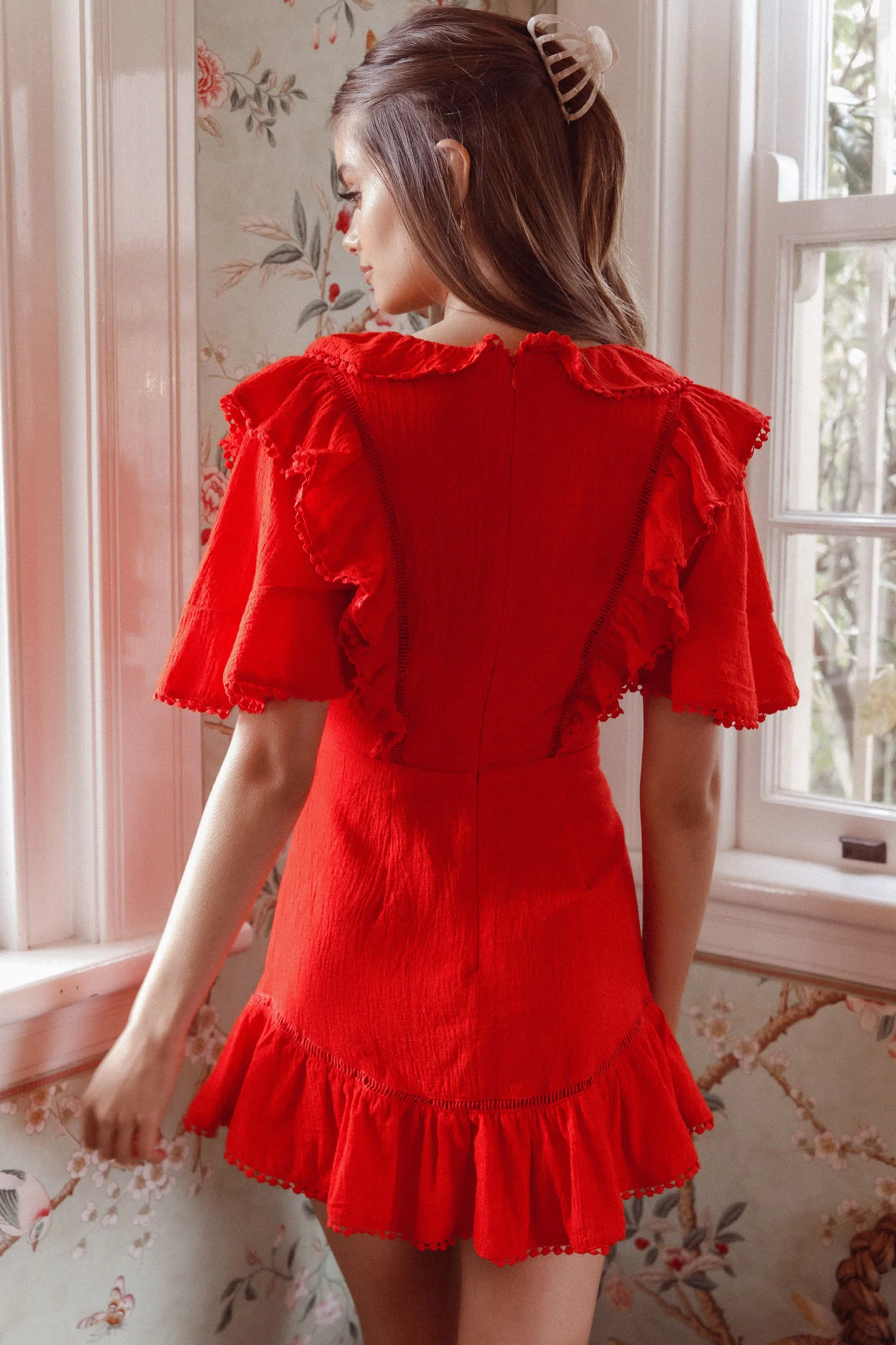 Shay Ruffle Lace Trim Mini Dress Red - Image 9