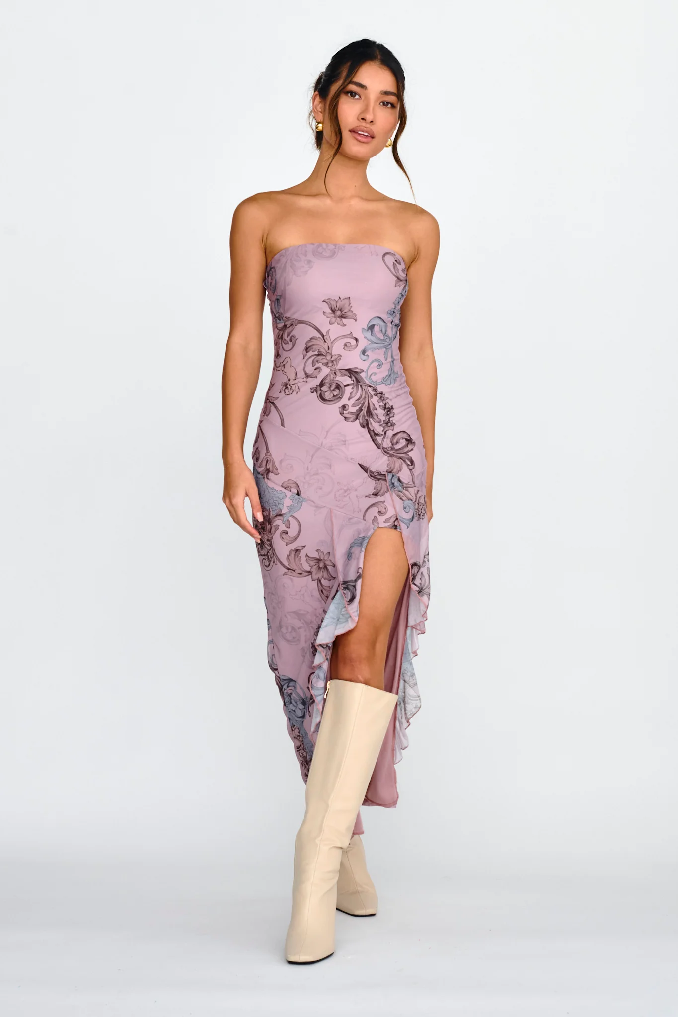 Shelby Strapless Ruffle Split Midi Dress Mauve - Image 5