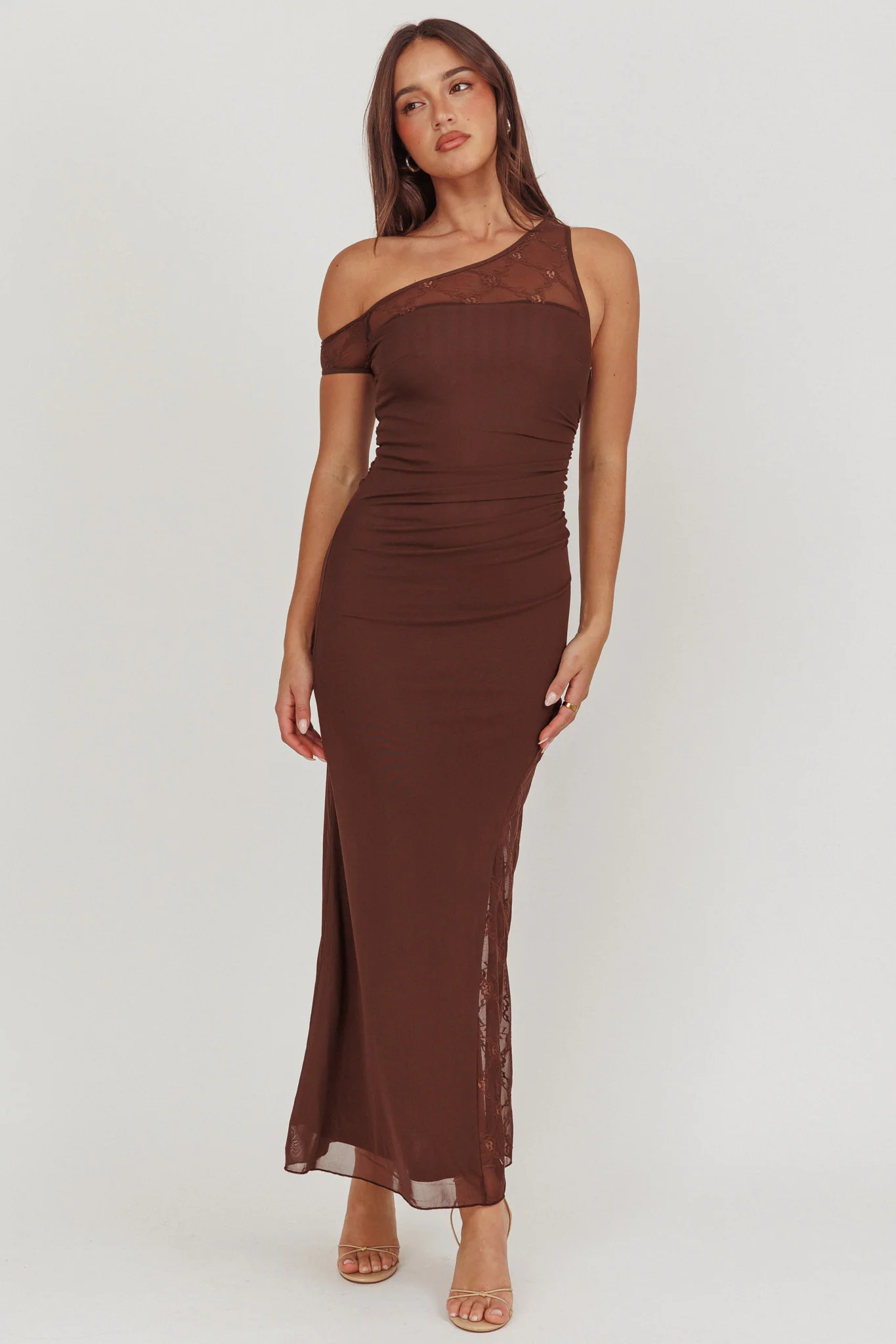 Sher One-Shoulder Lace Panel Maxi Dress Chocolate - Image 4