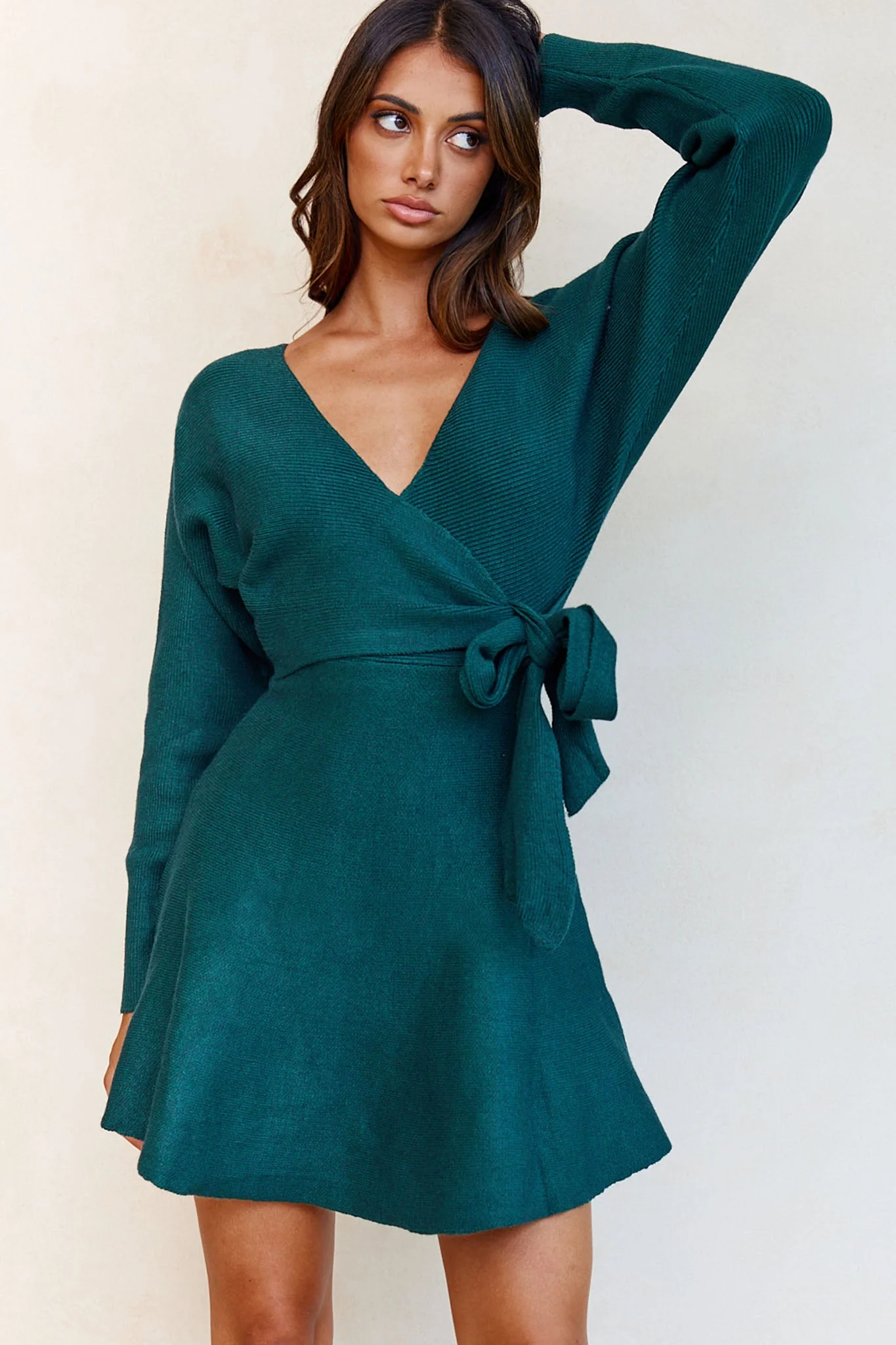 Shooting Star Long Sleeve Side Tie Knit Dress Forest Green - Image 4