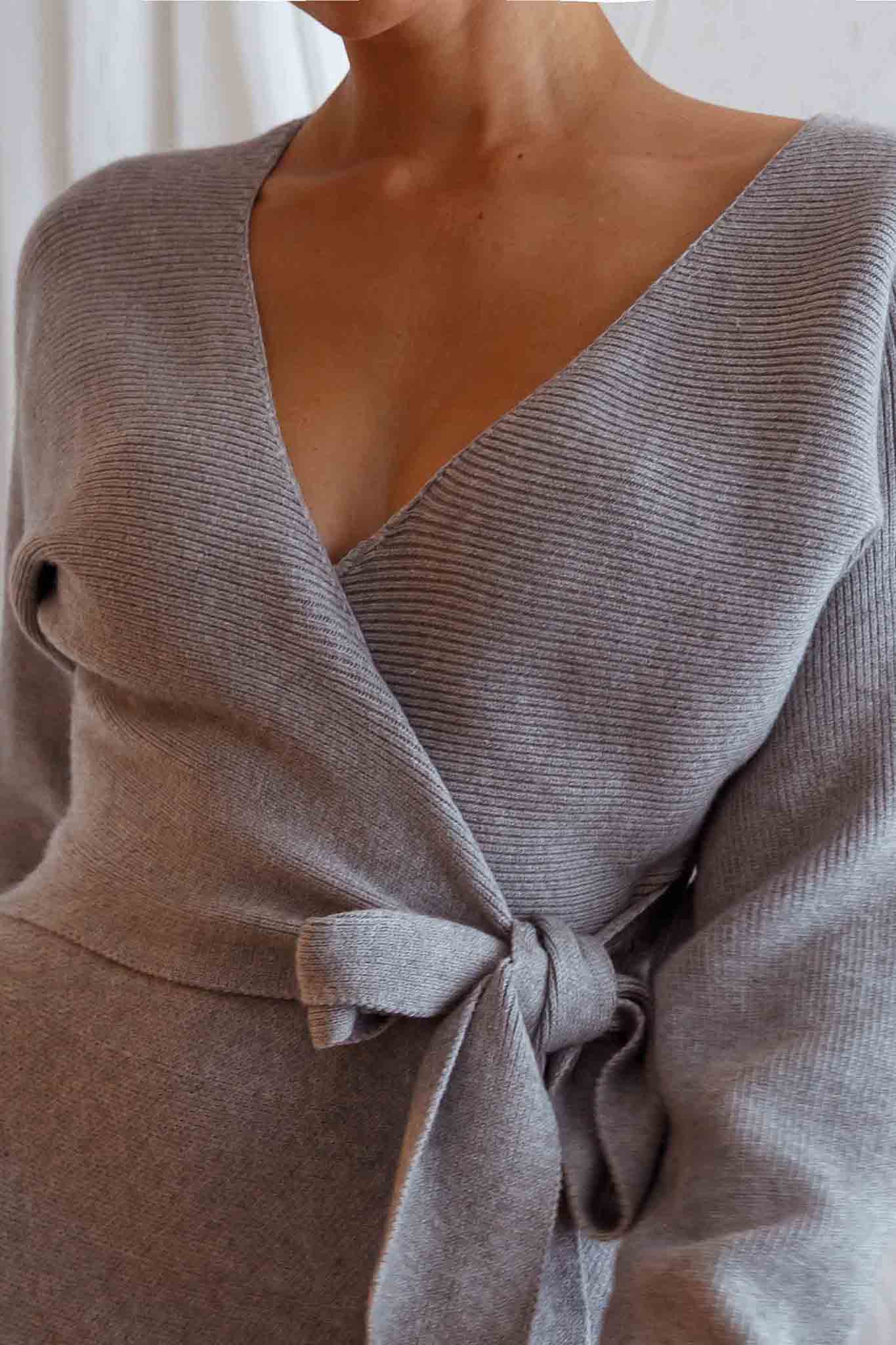 Shooting Star Long Sleeve Side Tie Knit Dress Grey - Image 4