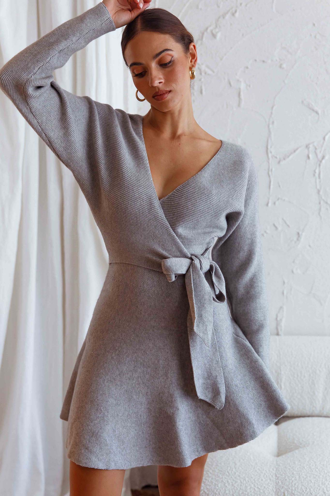Shooting Star Long Sleeve Side Tie Knit Dress Grey - Image 5