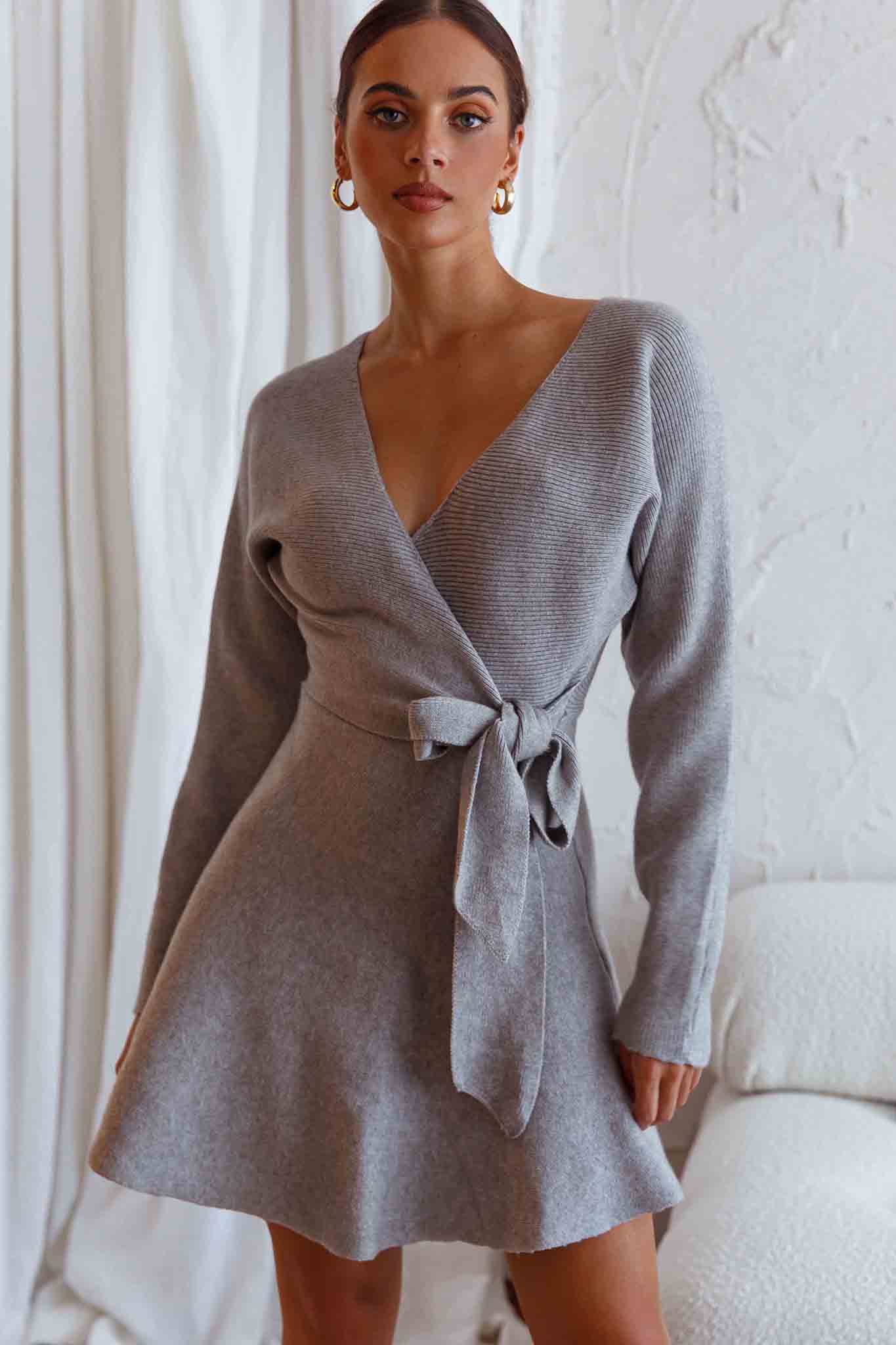 Shooting Star Long Sleeve Side Tie Knit Dress Grey - Image 8