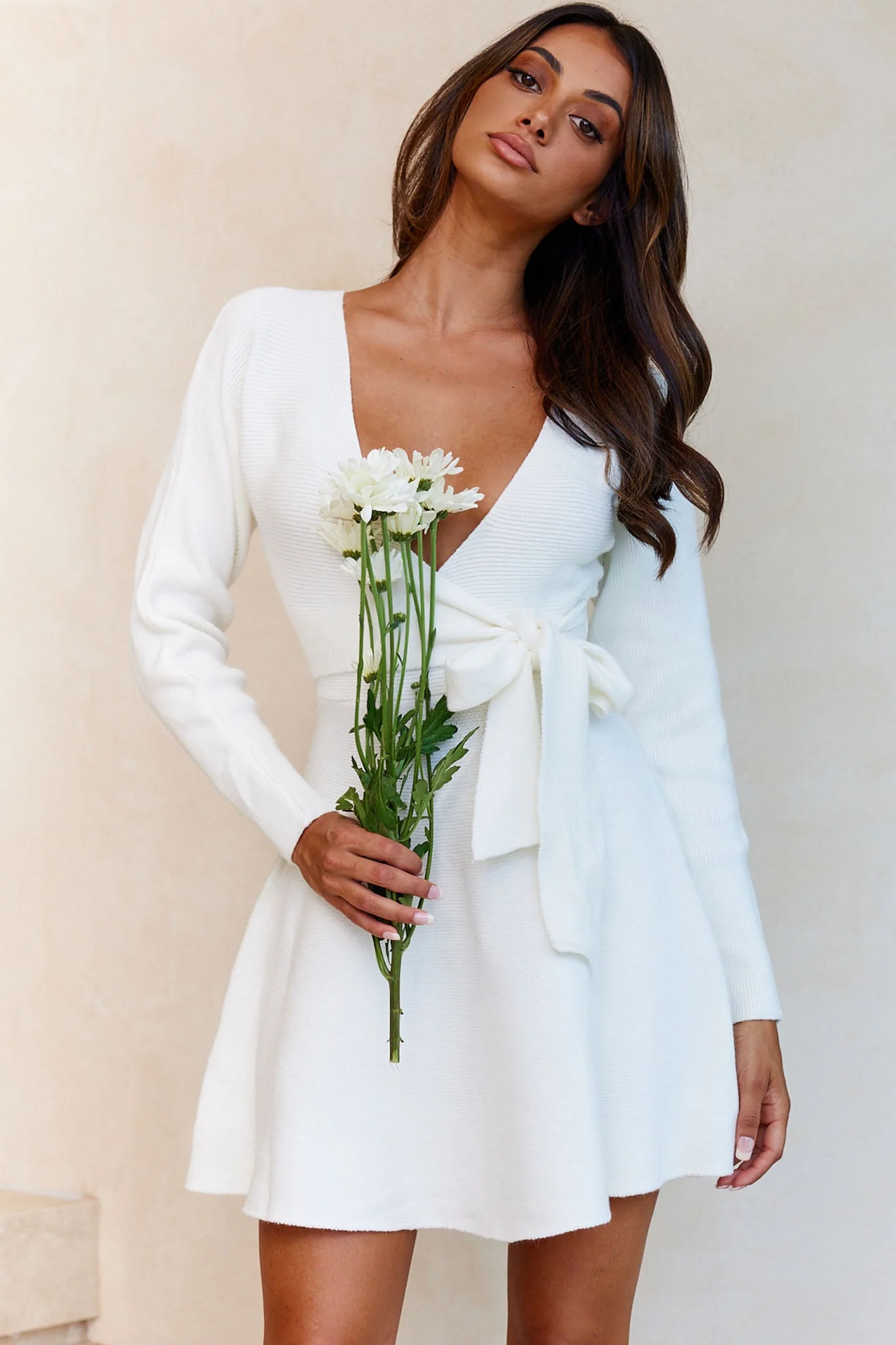 Shooting Star Long Sleeve Side Tie Knit Dress White - Image 4