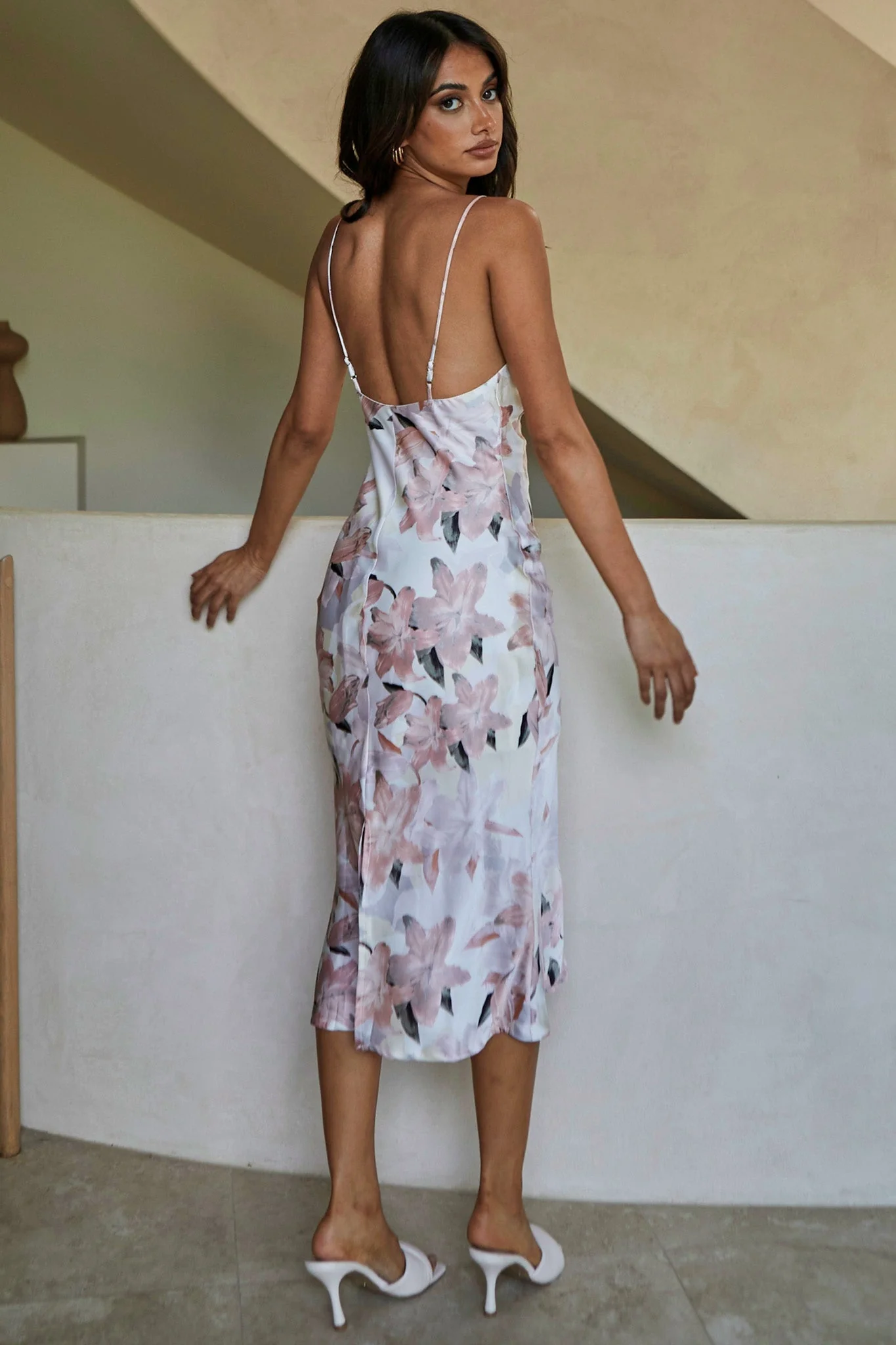 Show Me Love Cowl Neck Midi Dress Lily Print Blush - Image 3