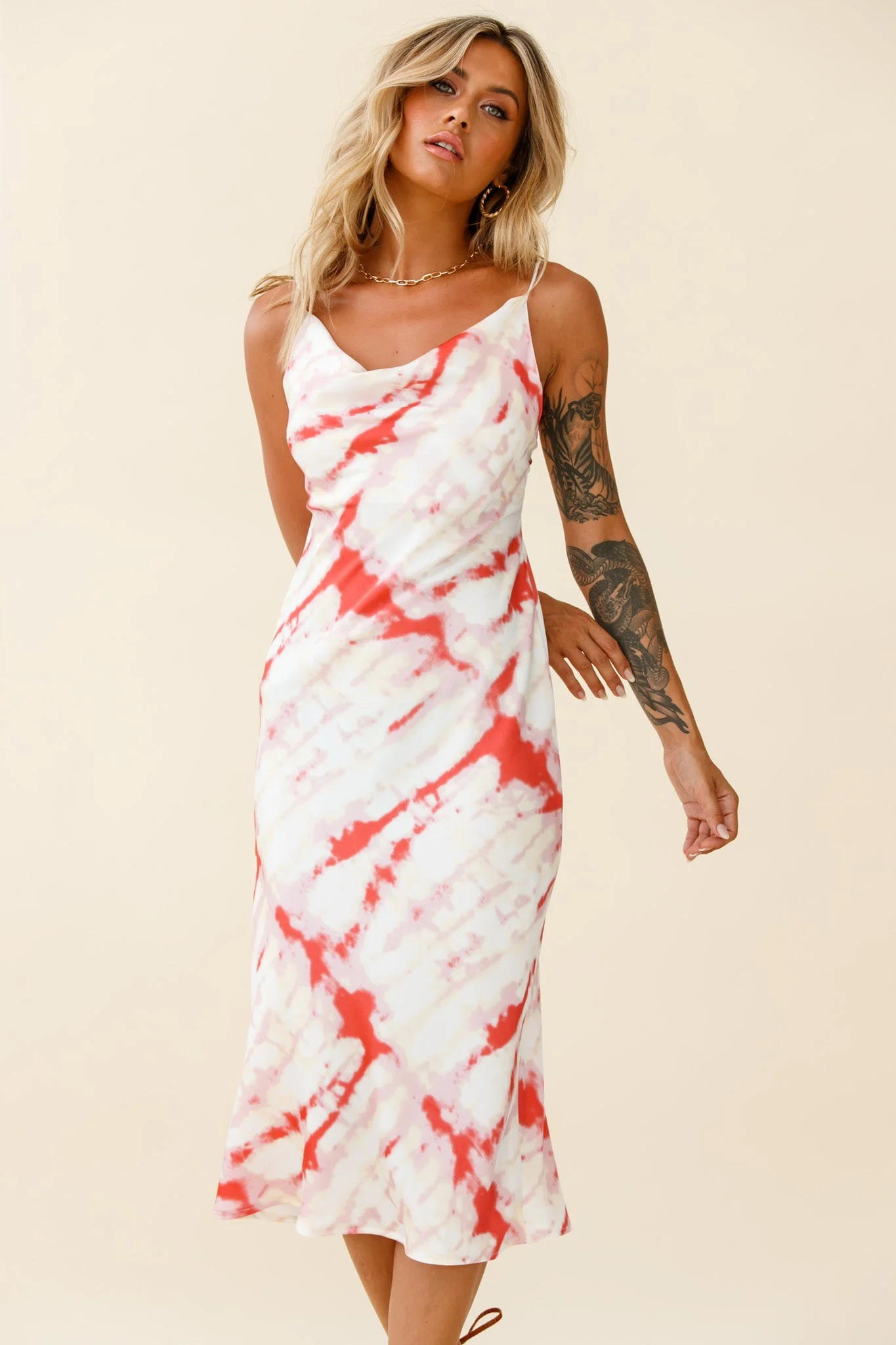 Show Me Love Cowl Neck Midi Dress Tie-Dye Red - Image 5