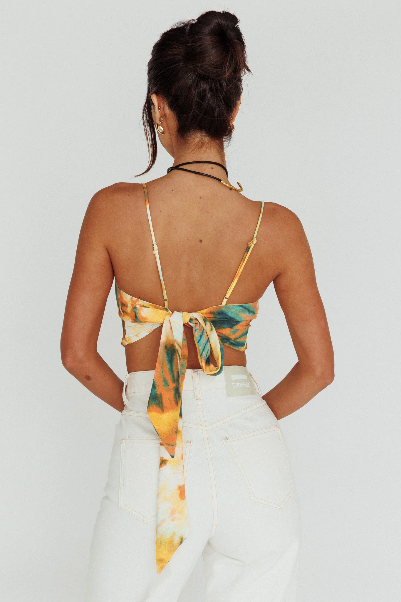 Show Me Love Cowl Neck Tied Back Crop Top Tie-Dye Yellow - Image 2