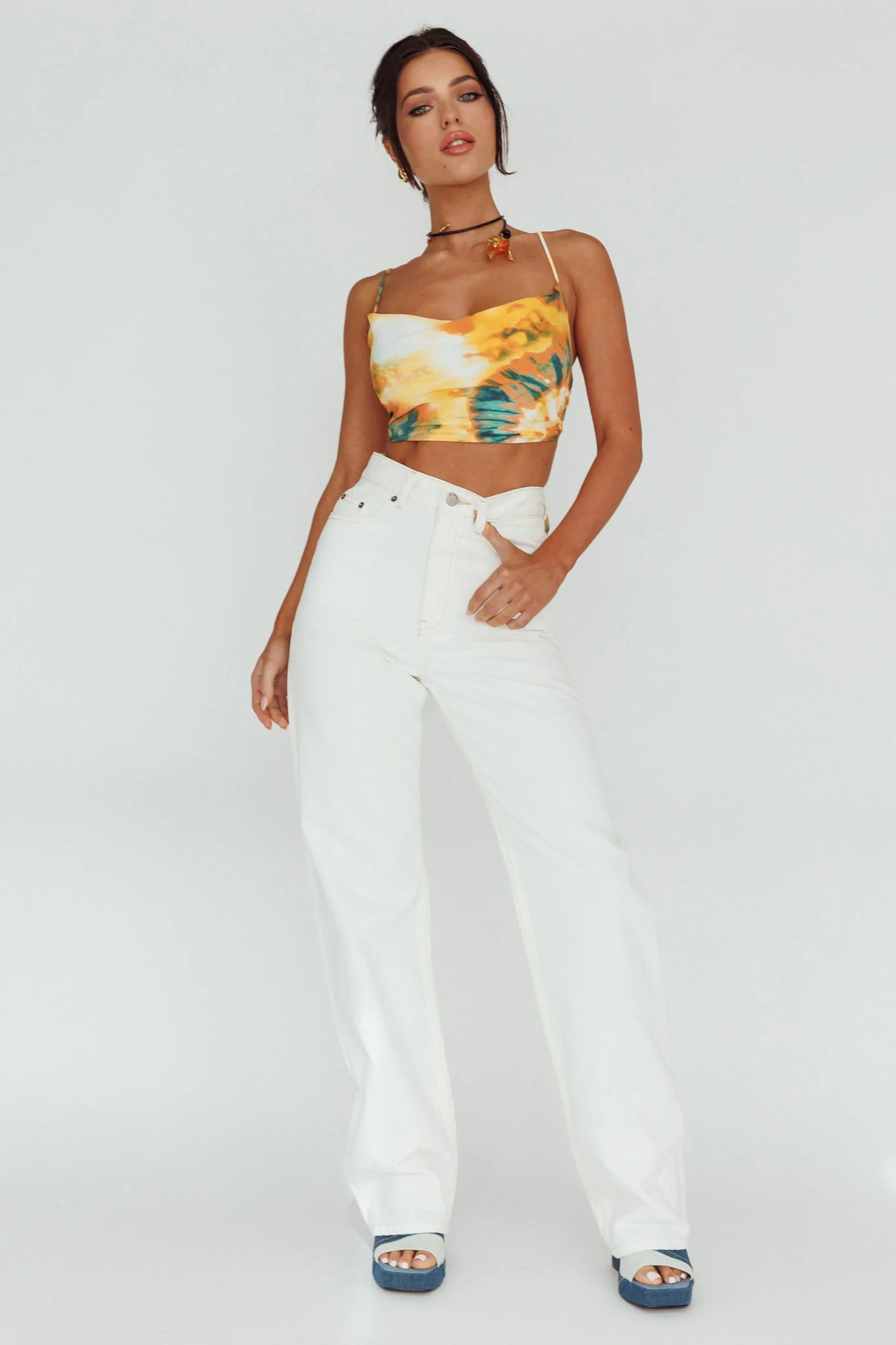 Show Me Love Cowl Neck Tied Back Crop Top Tie-Dye Yellow - Image 3