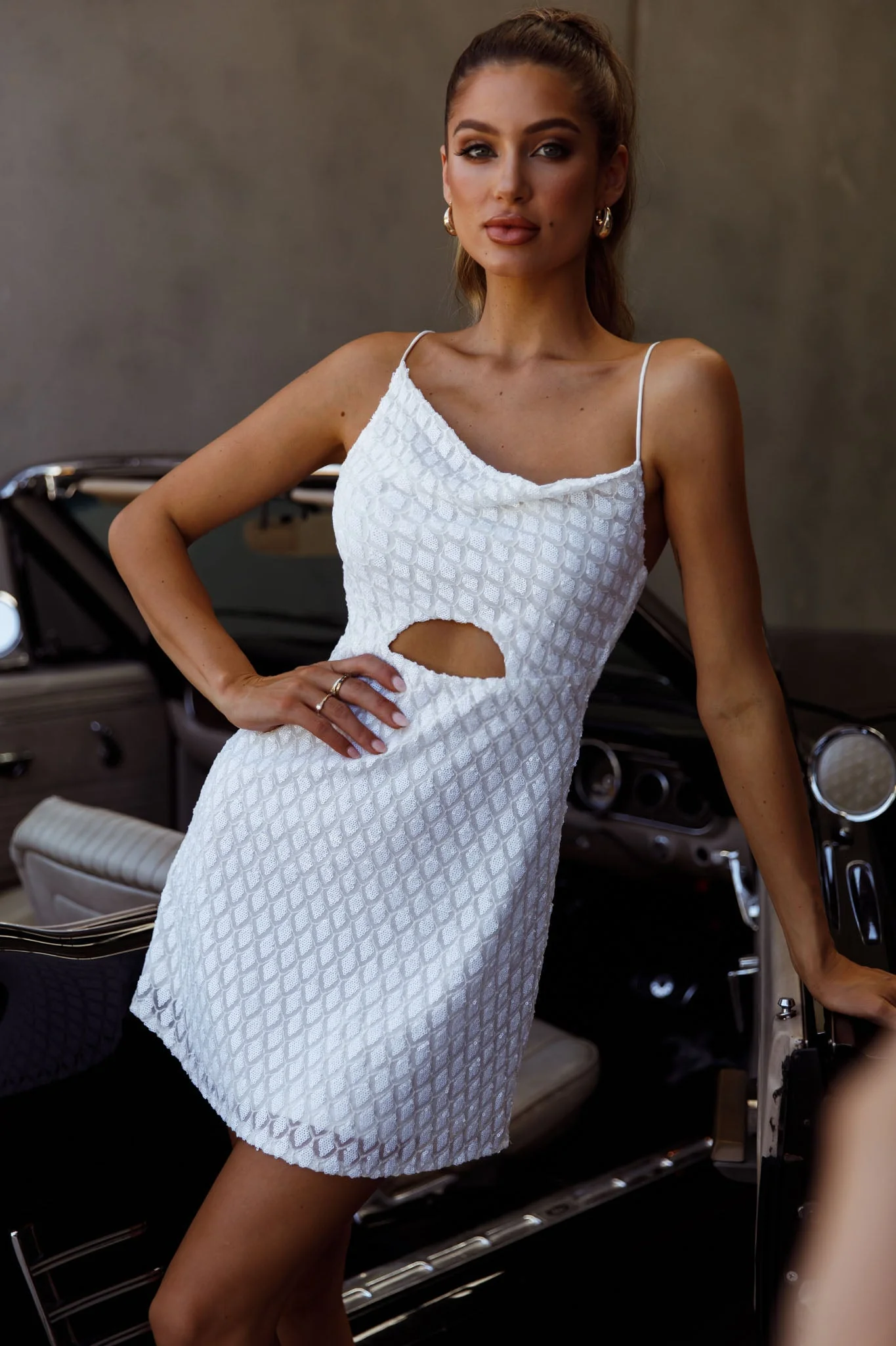 Sicily Asymmetrical Cowl Neckline Tie-Up Back Sequin Mini Dress White - Image 7