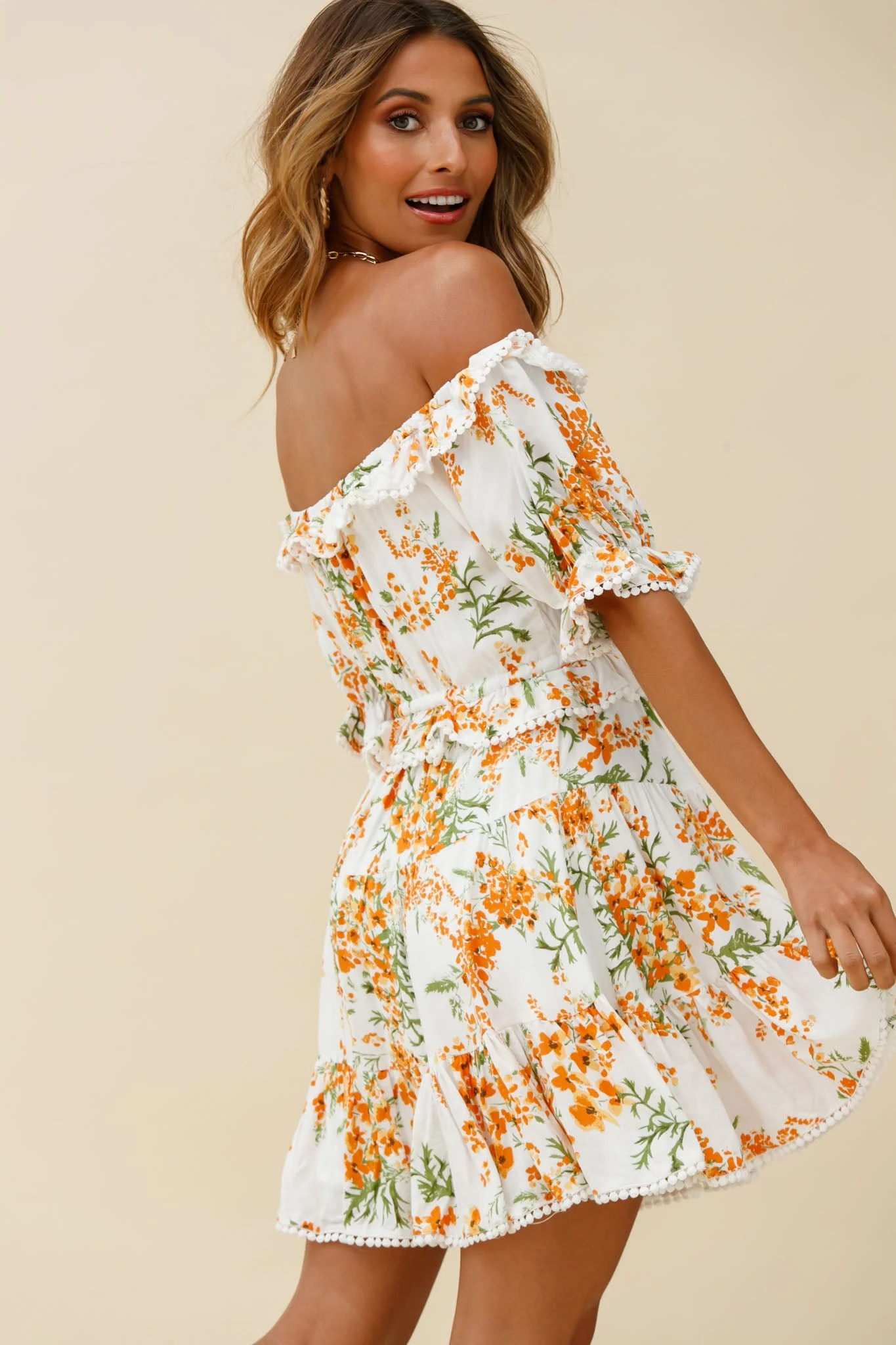 Sierra Bonita Off-Shoulder Drawstring Waist Dress Floral Print Orange Multi - Image 3