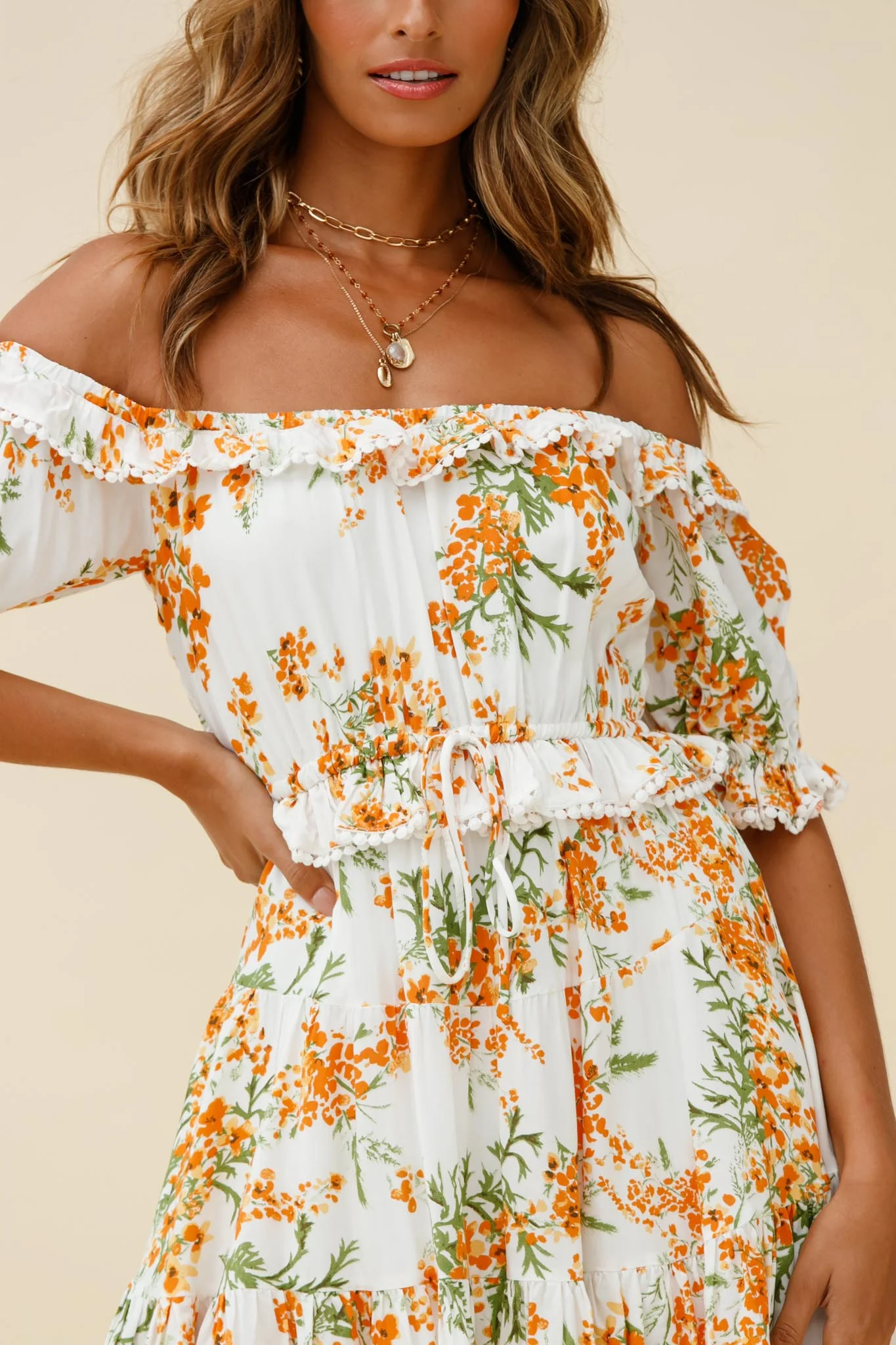 Sierra Bonita Off-Shoulder Drawstring Waist Dress Floral Print Orange Multi - Image 4