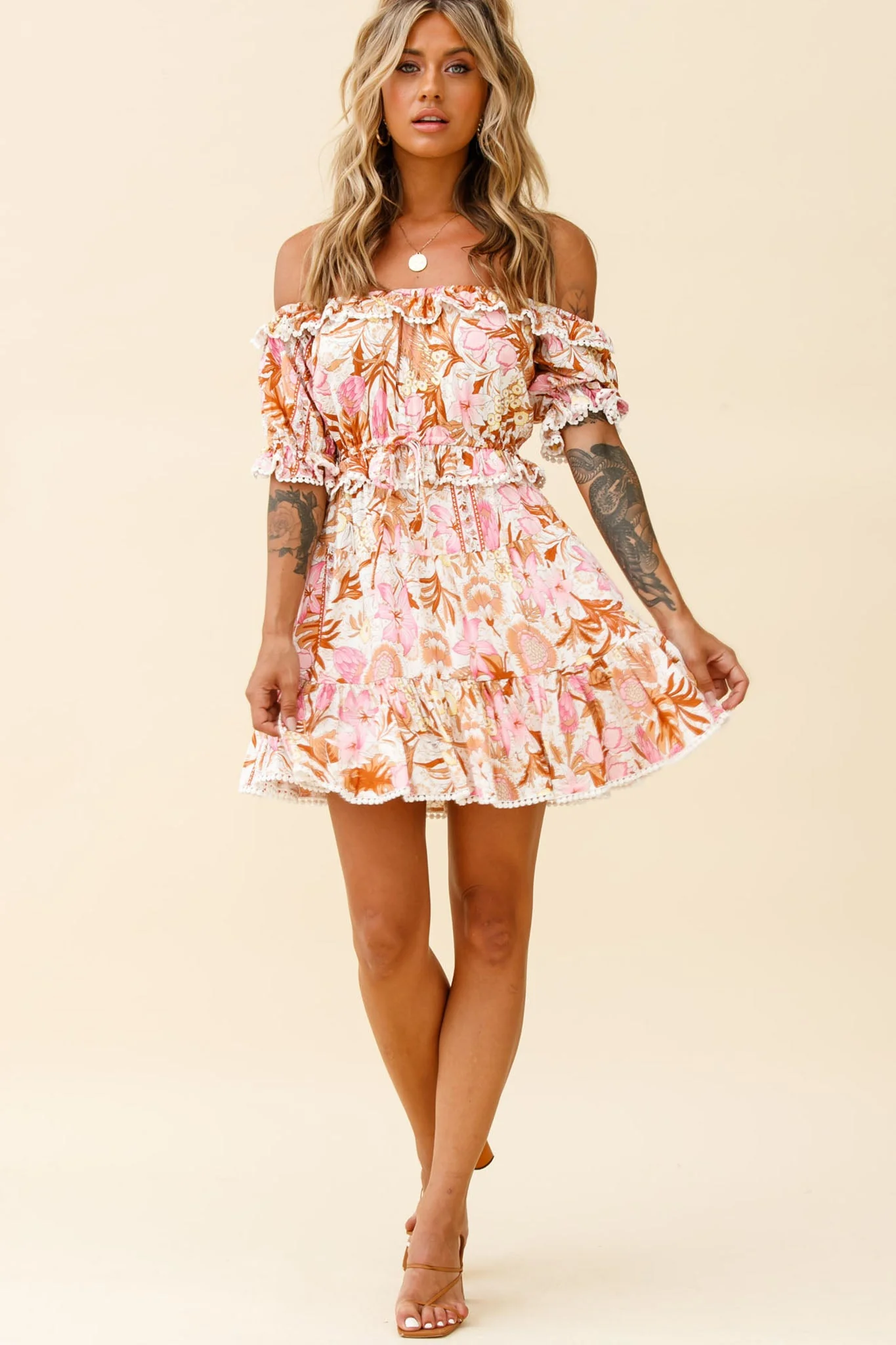 Sierra Bonita Off-Shoulder Drawstring Waist Dress Floral Print Pink Multi - Image 3